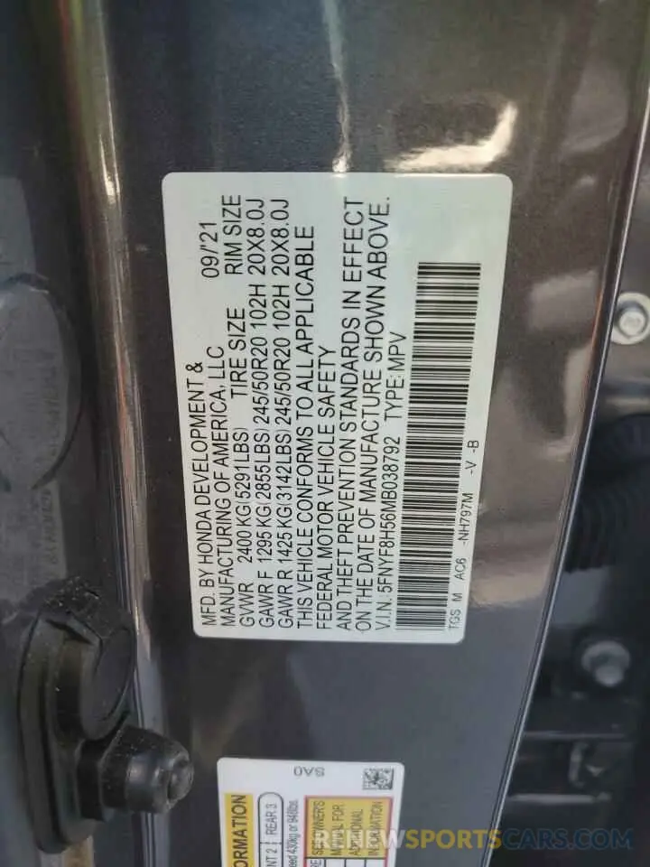 15 Photograph of a damaged car 5FNYF8H56MB038792 HONDA PASSPORT 2021