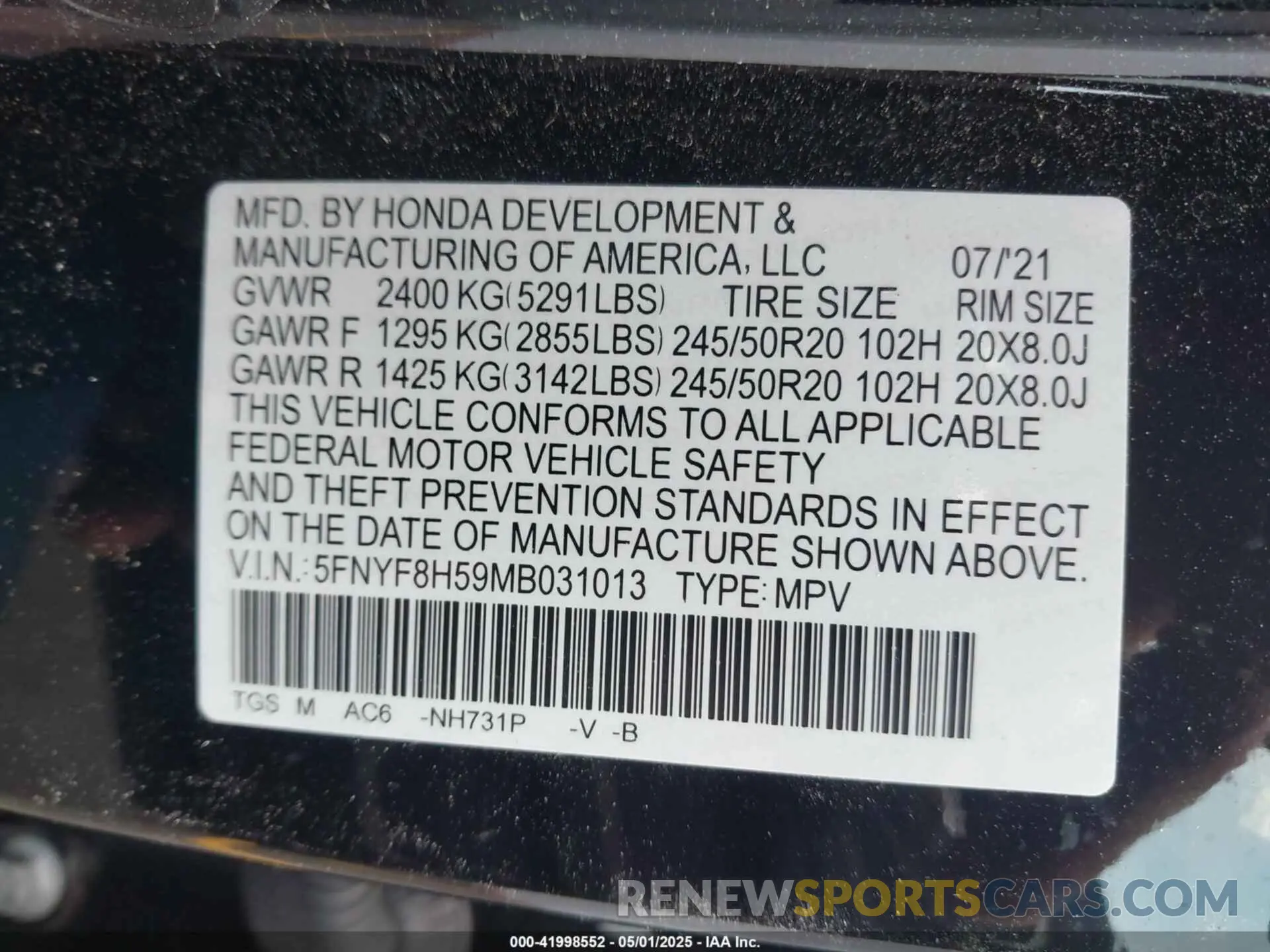 9 Photograph of a damaged car 5FNYF8H59MB031013 HONDA PASSPORT 2021