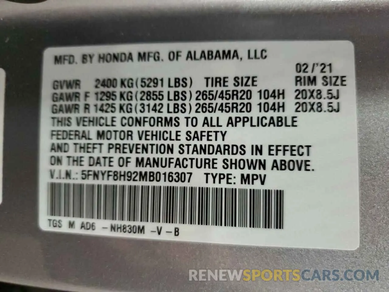 13 Photograph of a damaged car 5FNYF8H92MB016307 HONDA PASSPORT 2021