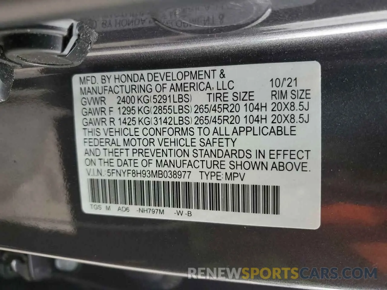 13 Photograph of a damaged car 5FNYF8H93MB038977 HONDA PASSPORT 2021
