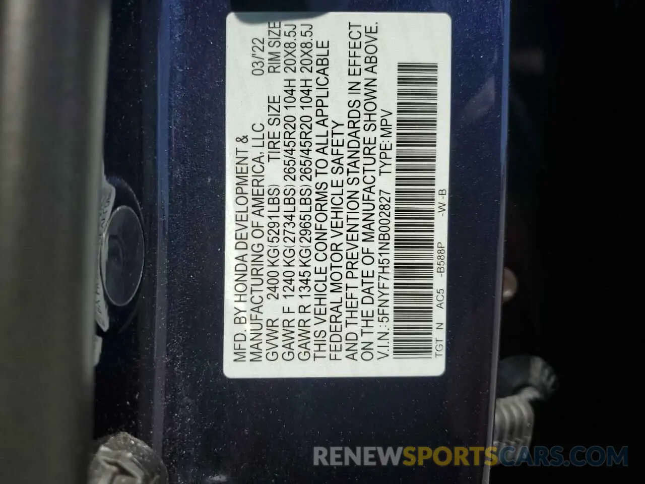 13 Photograph of a damaged car 5FNYF7H51NB002827 HONDA PASSPORT 2022