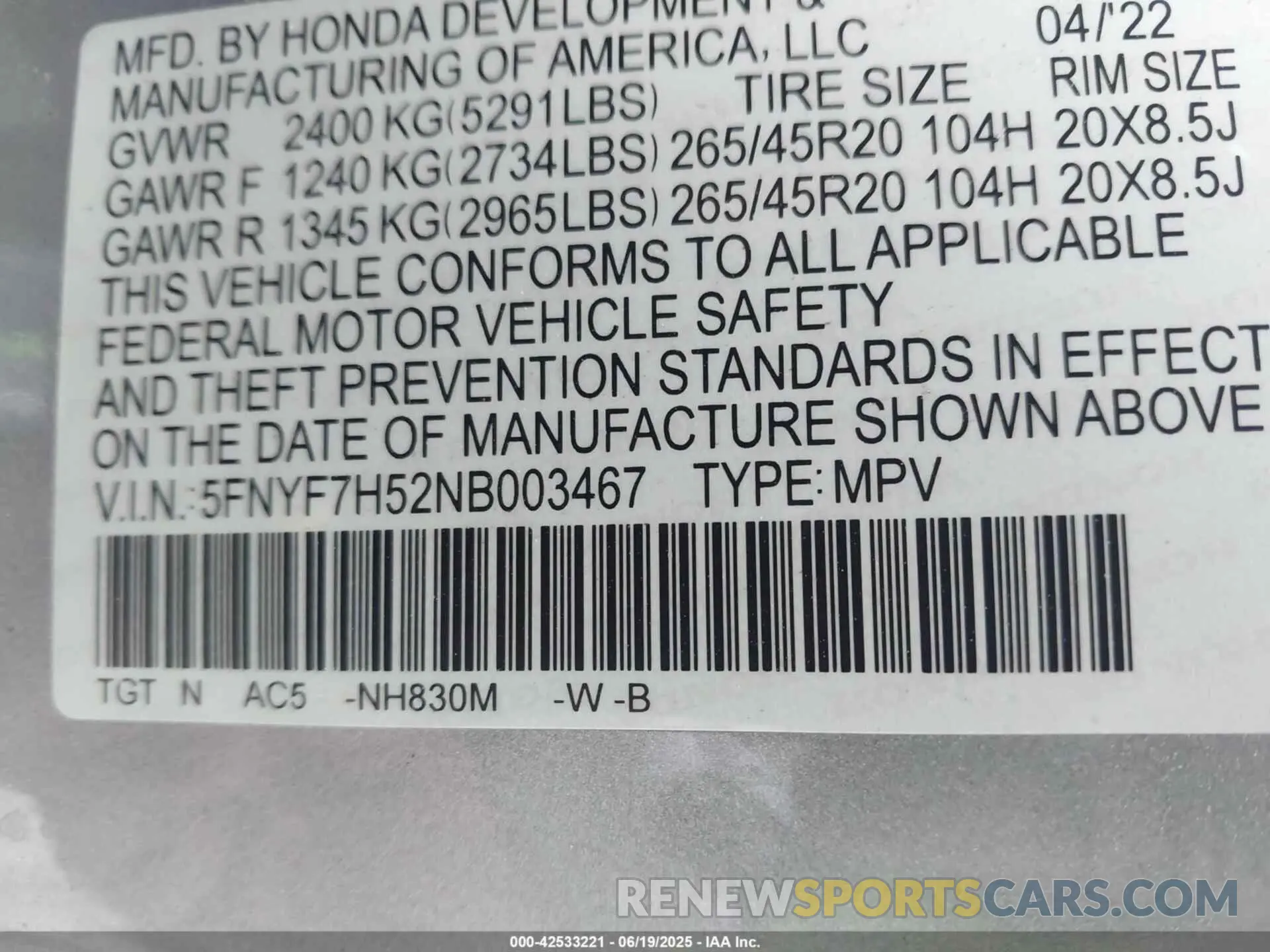 9 Photograph of a damaged car 5FNYF7H52NB003467 HONDA PASSPORT 2022
