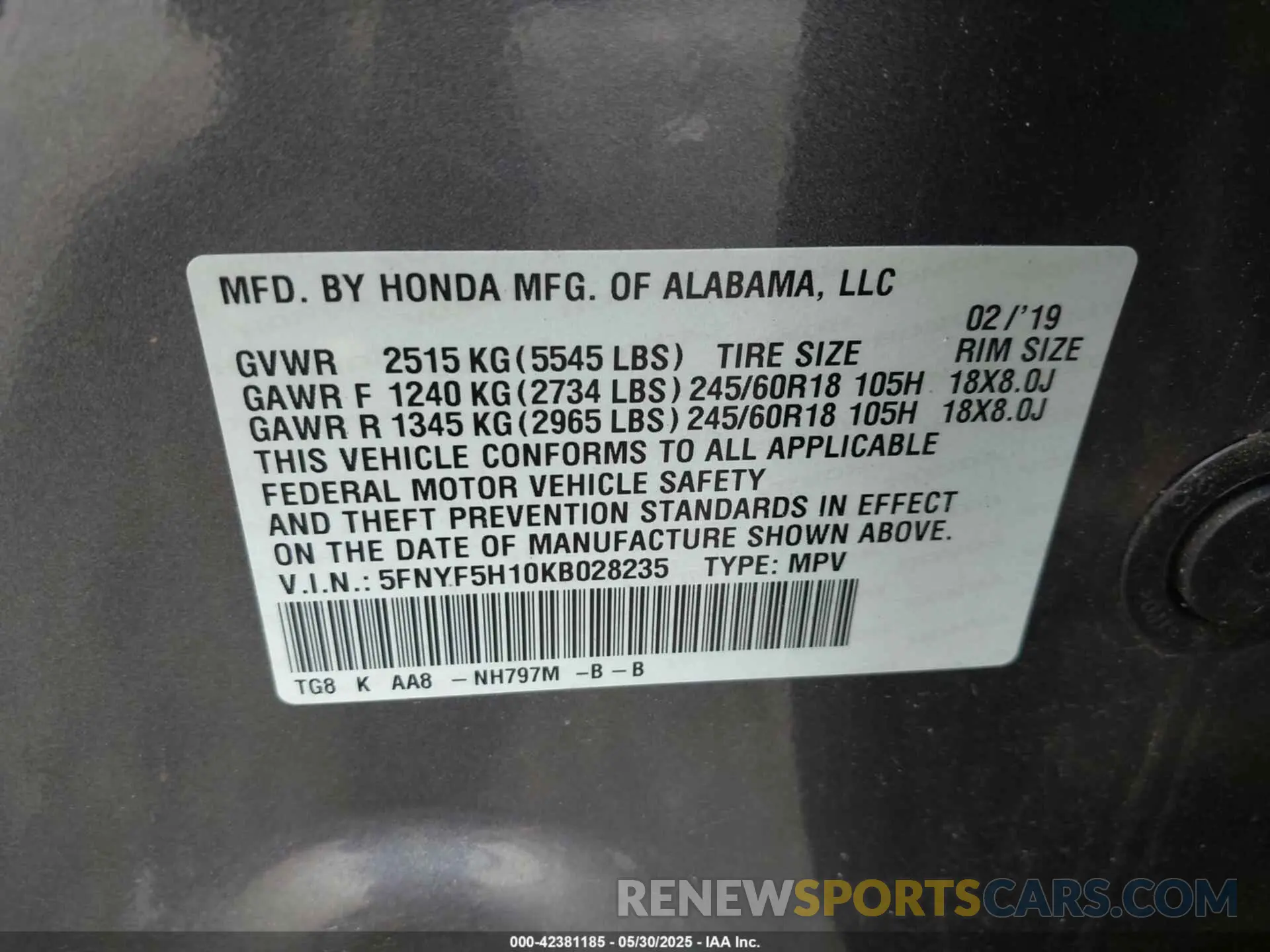 9 Photograph of a damaged car 5FNYF5H10KB028235 HONDA PILOT 2019