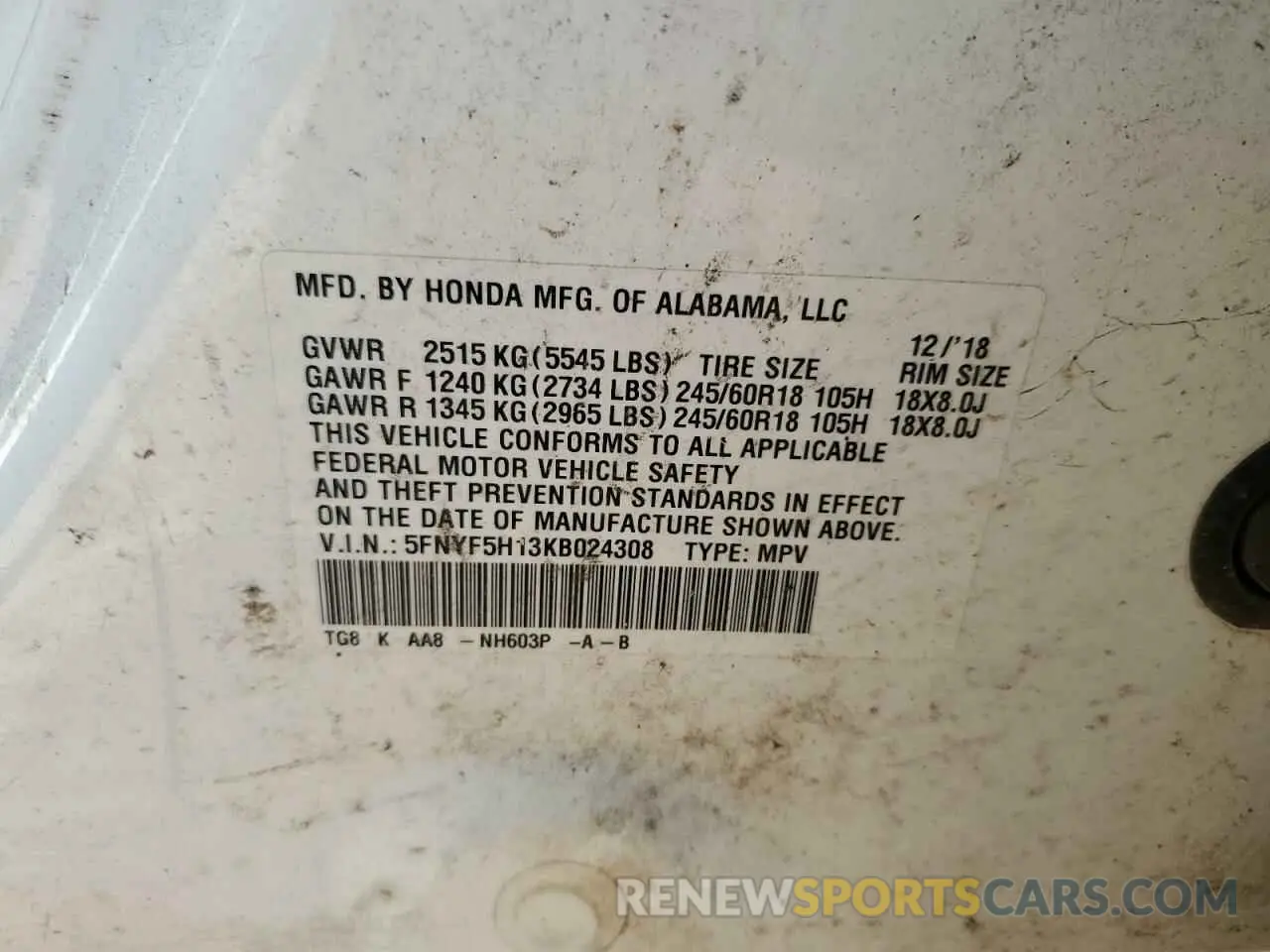 13 Photograph of a damaged car 5FNYF5H13KB024308 HONDA PILOT 2019