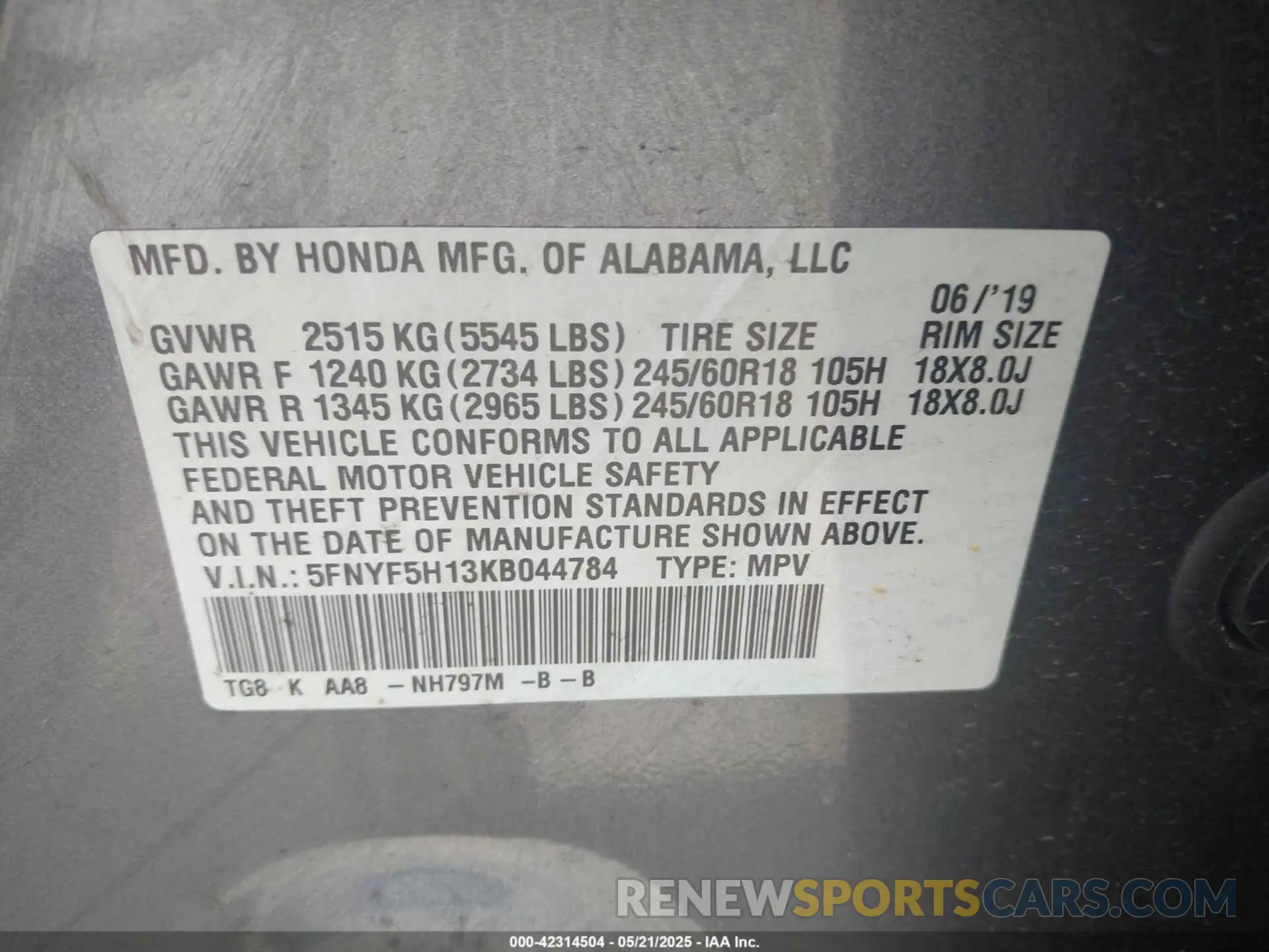 9 Photograph of a damaged car 5FNYF5H13KB044784 HONDA PILOT 2019
