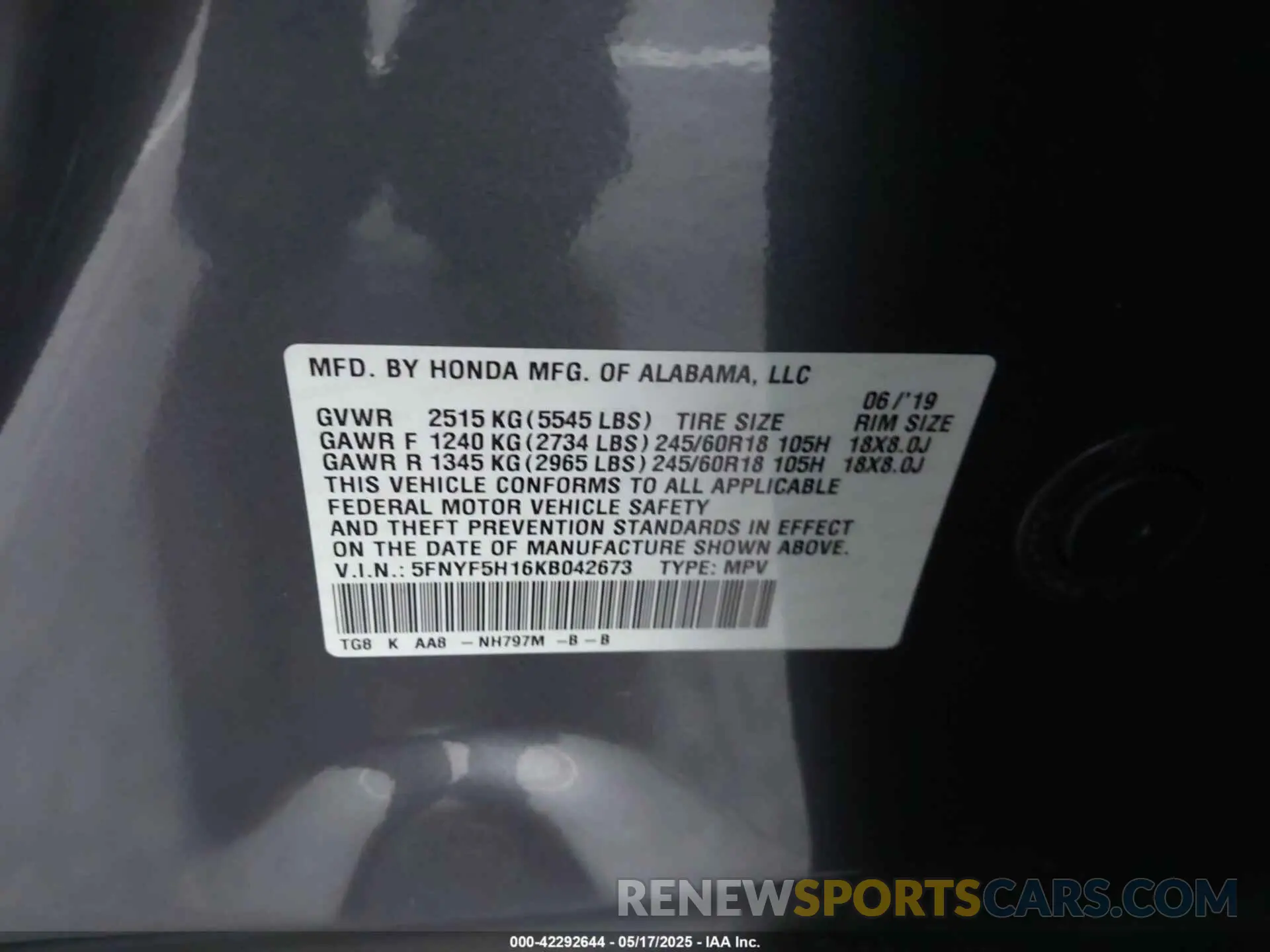 9 Photograph of a damaged car 5FNYF5H16KB042673 HONDA PILOT 2019