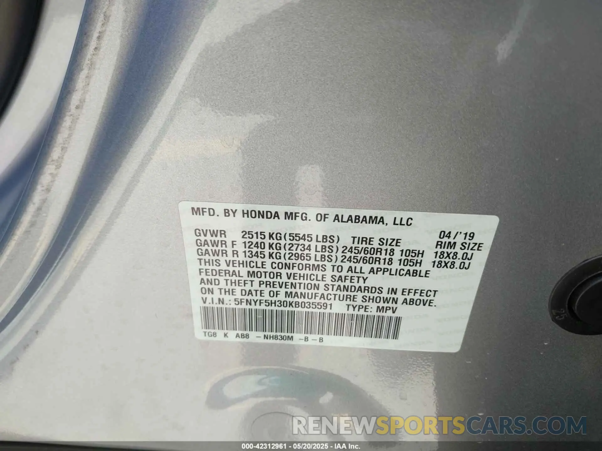 9 Photograph of a damaged car 5FNYF5H30KB035591 HONDA PILOT 2019