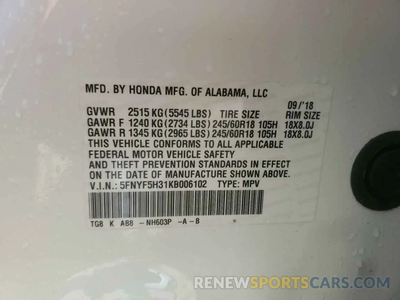 13 Photograph of a damaged car 5FNYF5H31KB006102 HONDA PILOT 2019