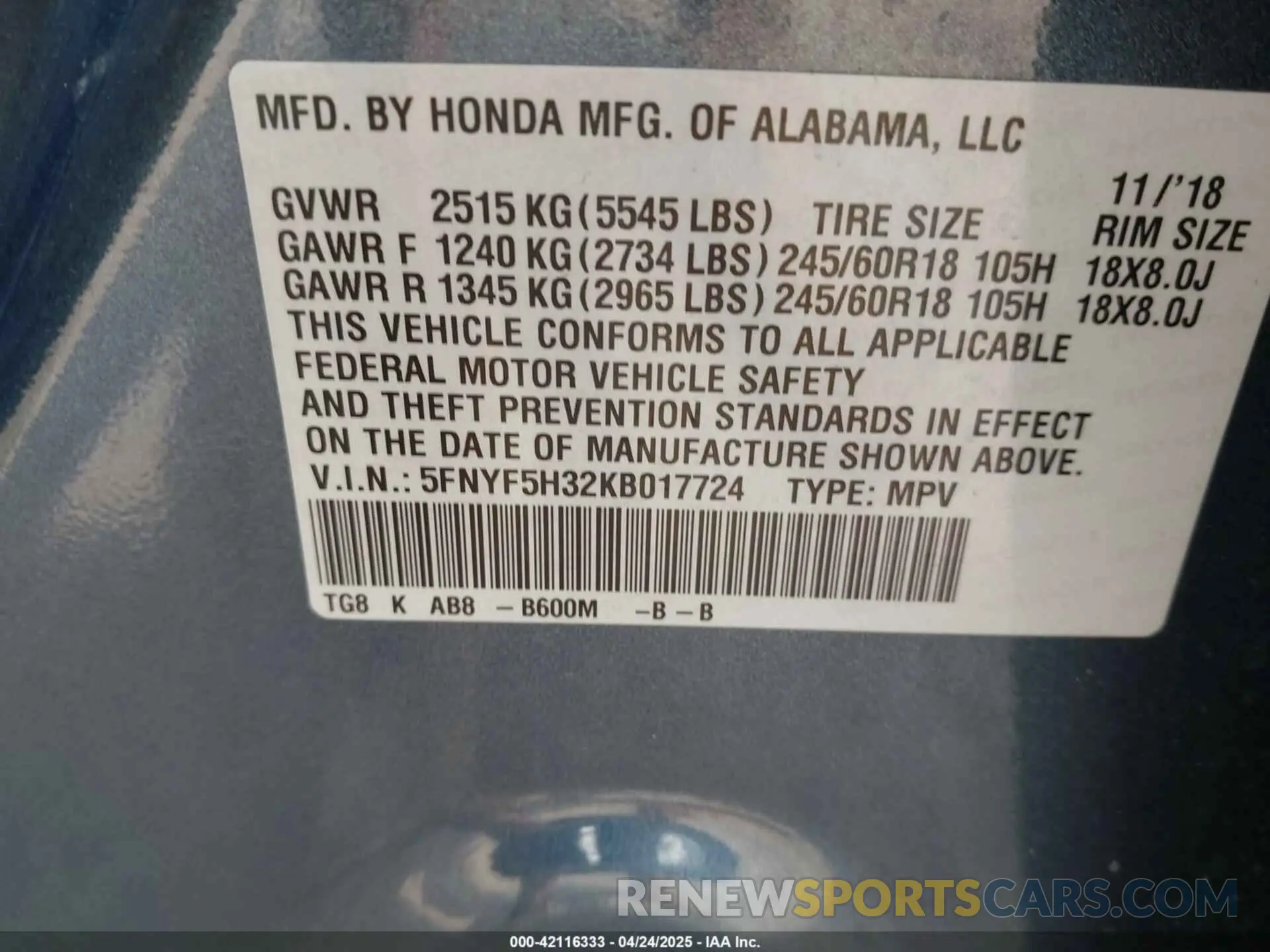 9 Photograph of a damaged car 5FNYF5H32KB017724 HONDA PILOT 2019