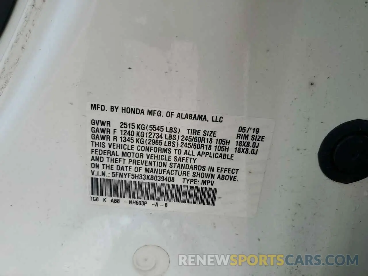 13 Photograph of a damaged car 5FNYF5H33KB039408 HONDA PILOT 2019