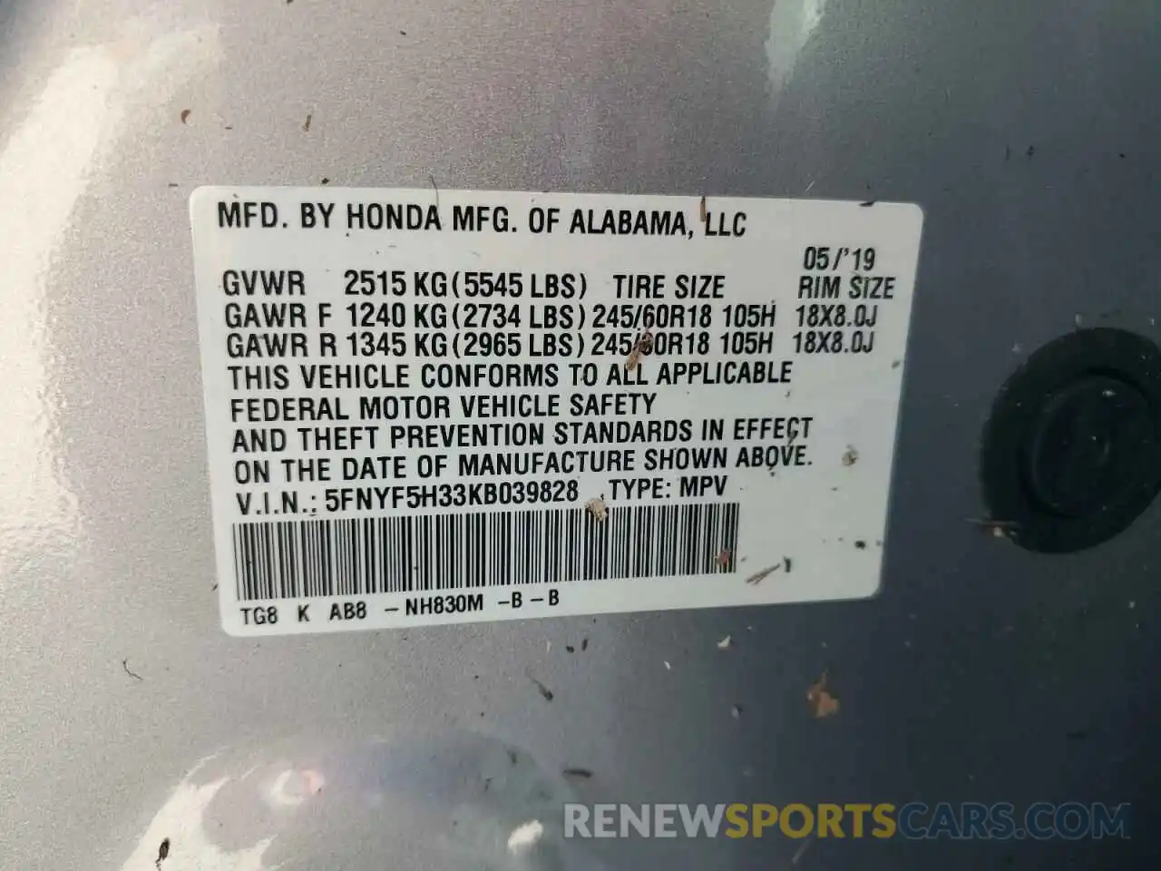 14 Photograph of a damaged car 5FNYF5H33KB039828 HONDA PILOT 2019