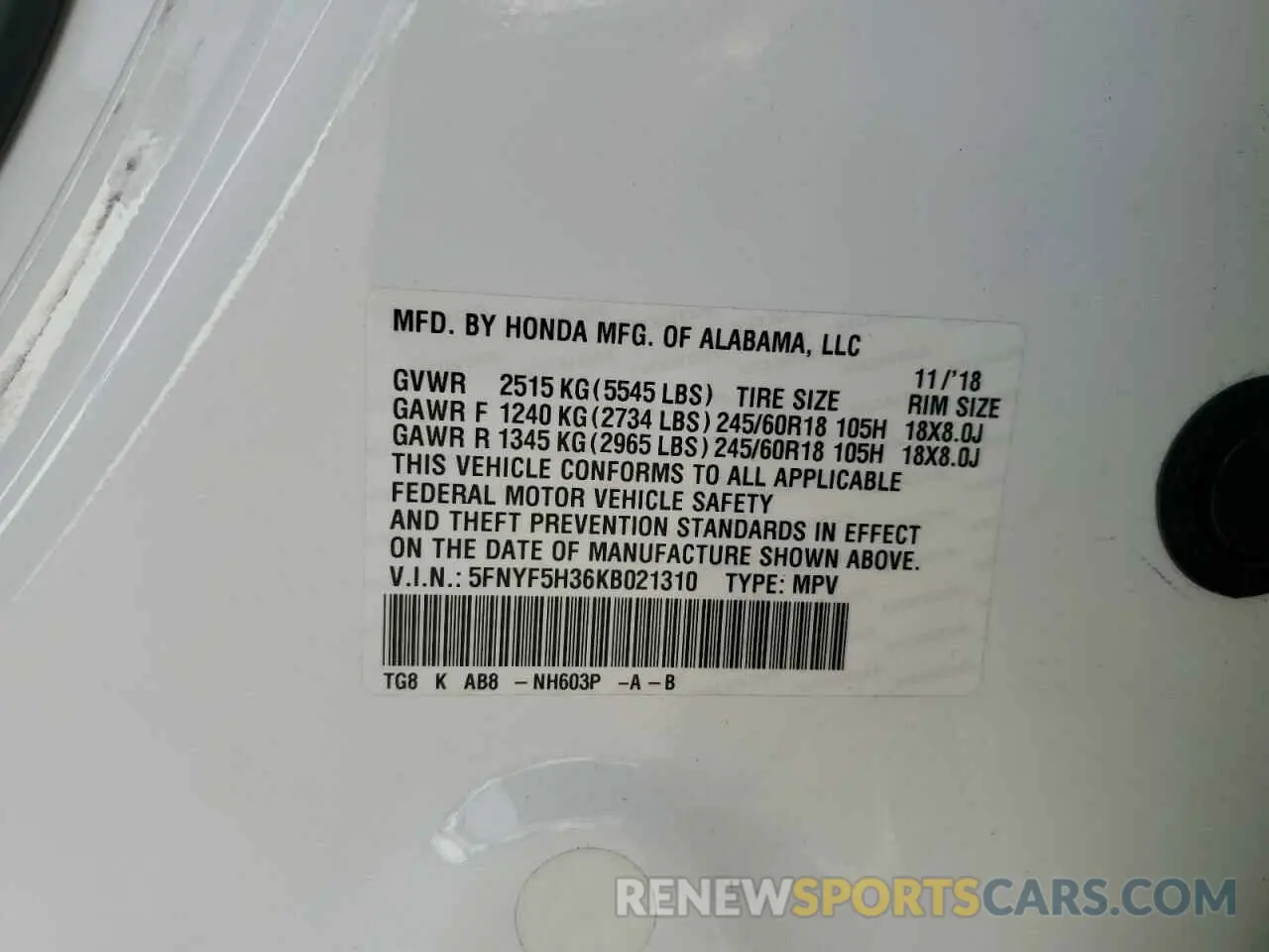 13 Photograph of a damaged car 5FNYF5H36KB021310 HONDA PILOT 2019