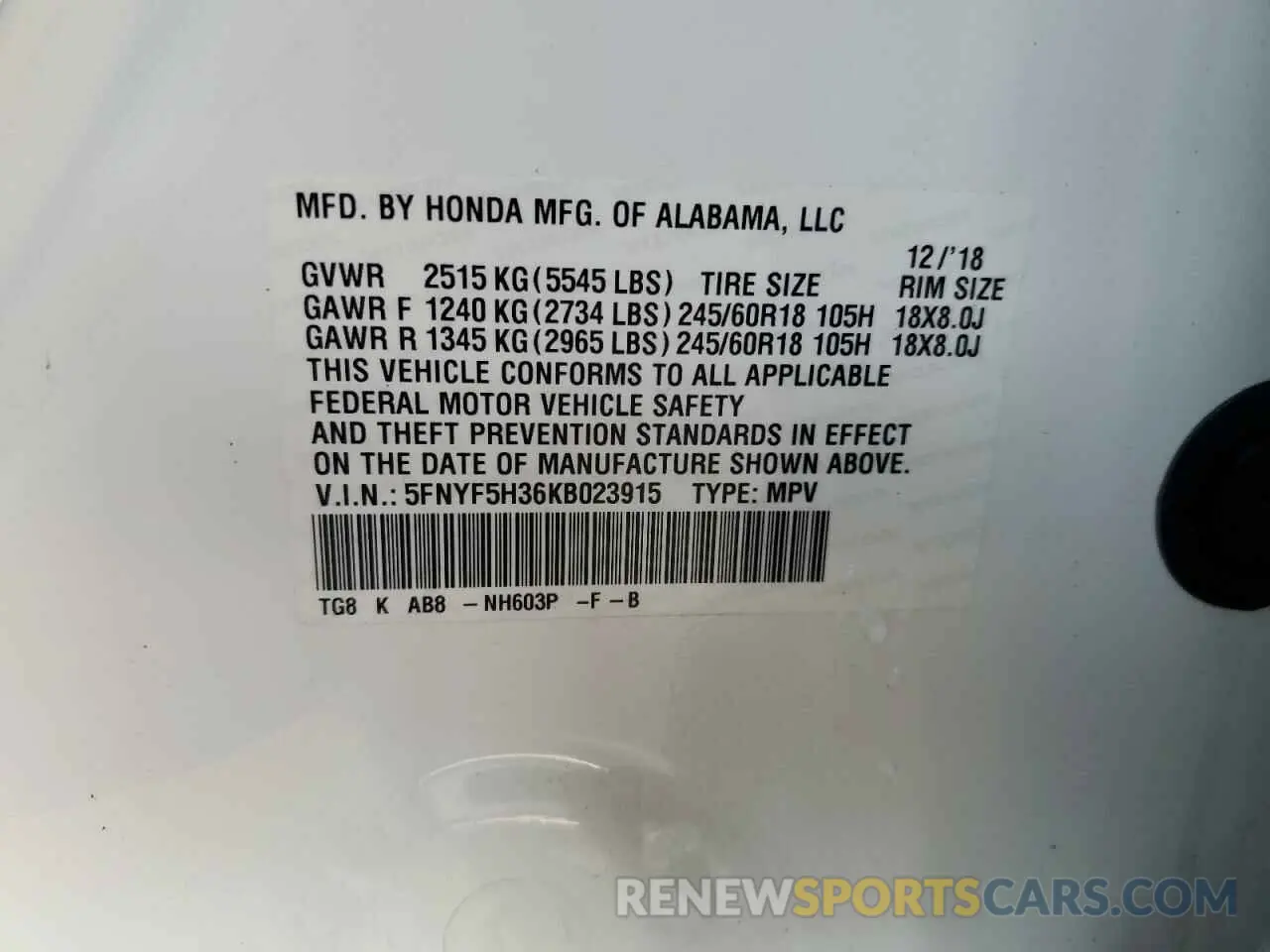 13 Photograph of a damaged car 5FNYF5H36KB023915 HONDA PILOT 2019