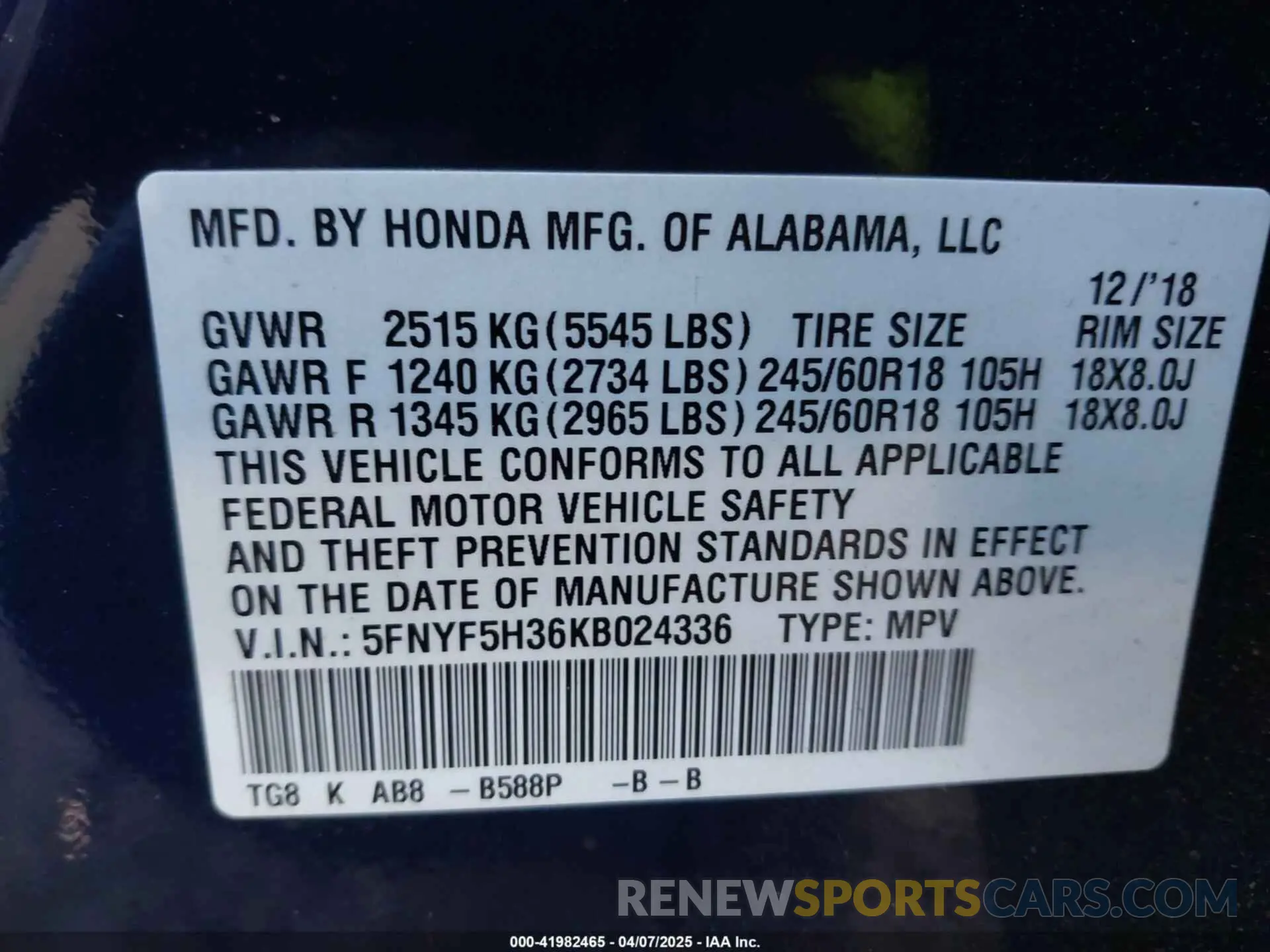 9 Photograph of a damaged car 5FNYF5H36KB024336 HONDA PILOT 2019
