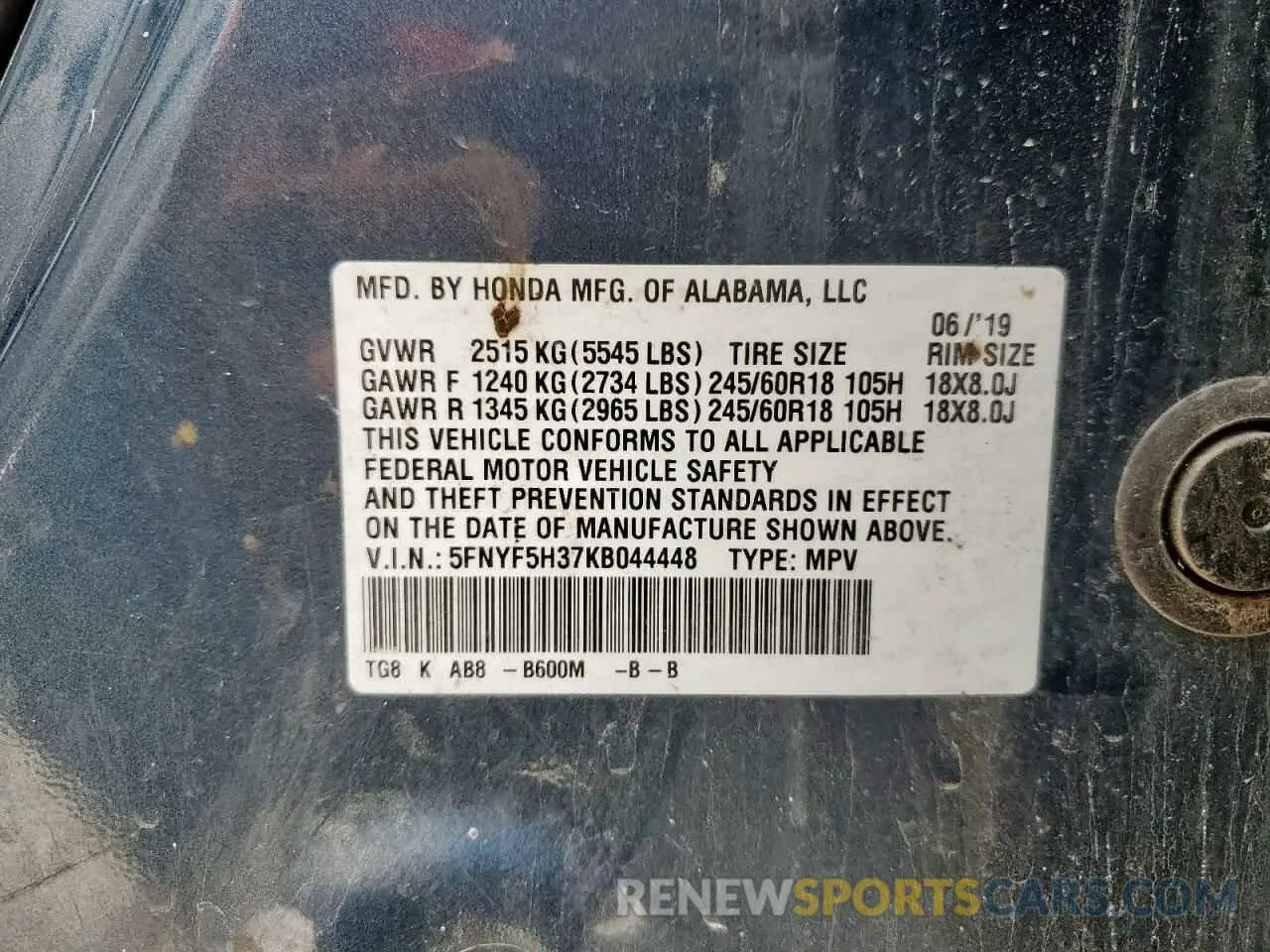 13 Photograph of a damaged car 5FNYF5H37KB044448 HONDA PILOT 2019
