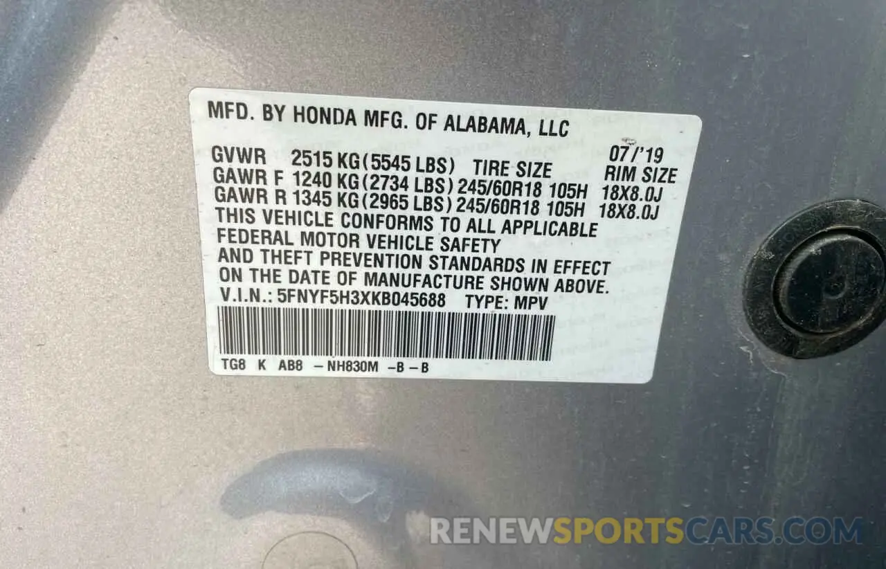 10 Photograph of a damaged car 5FNYF5H3XKB045688 HONDA PILOT 2019