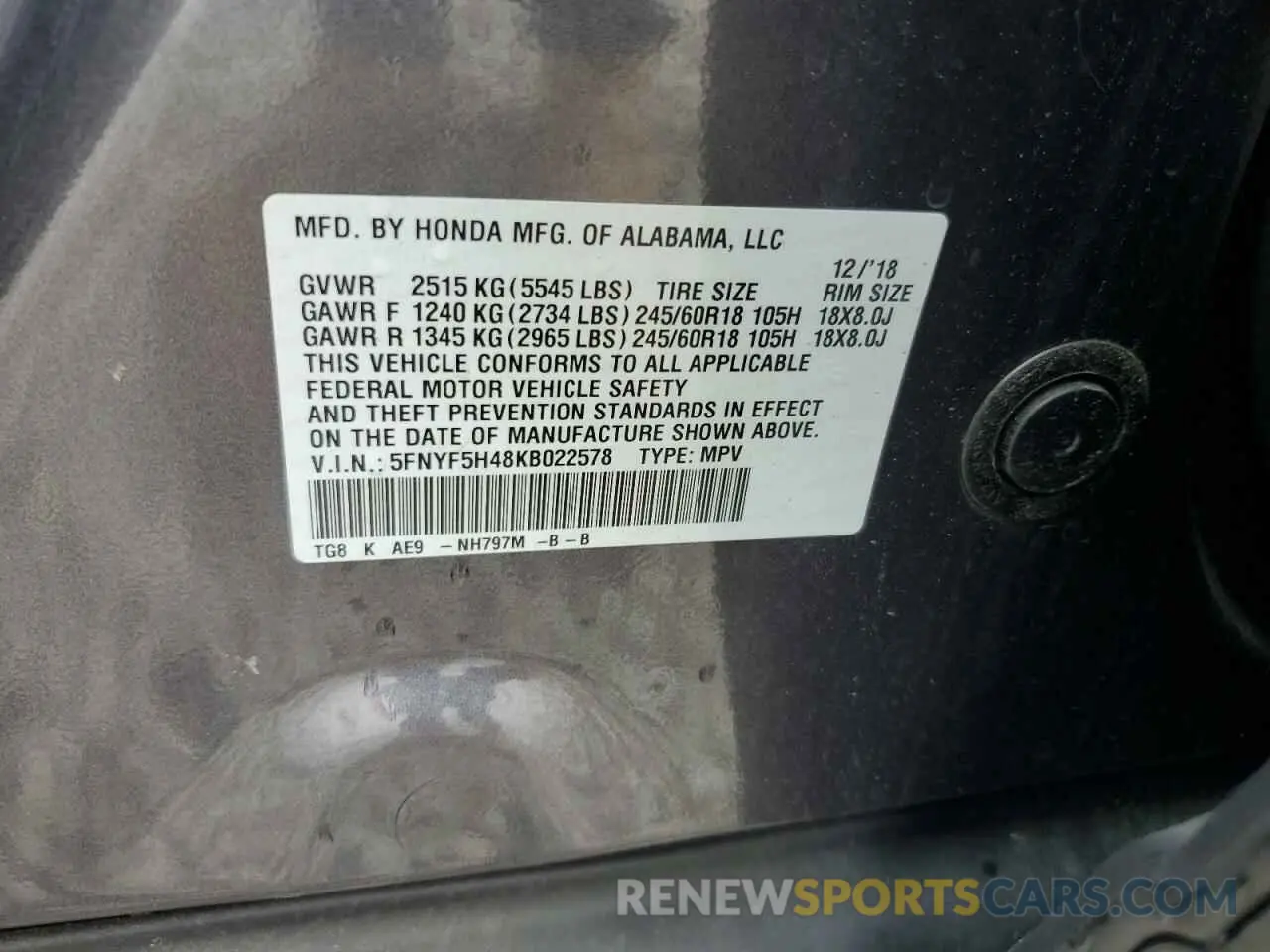 13 Photograph of a damaged car 5FNYF5H48KB022578 HONDA PILOT 2019