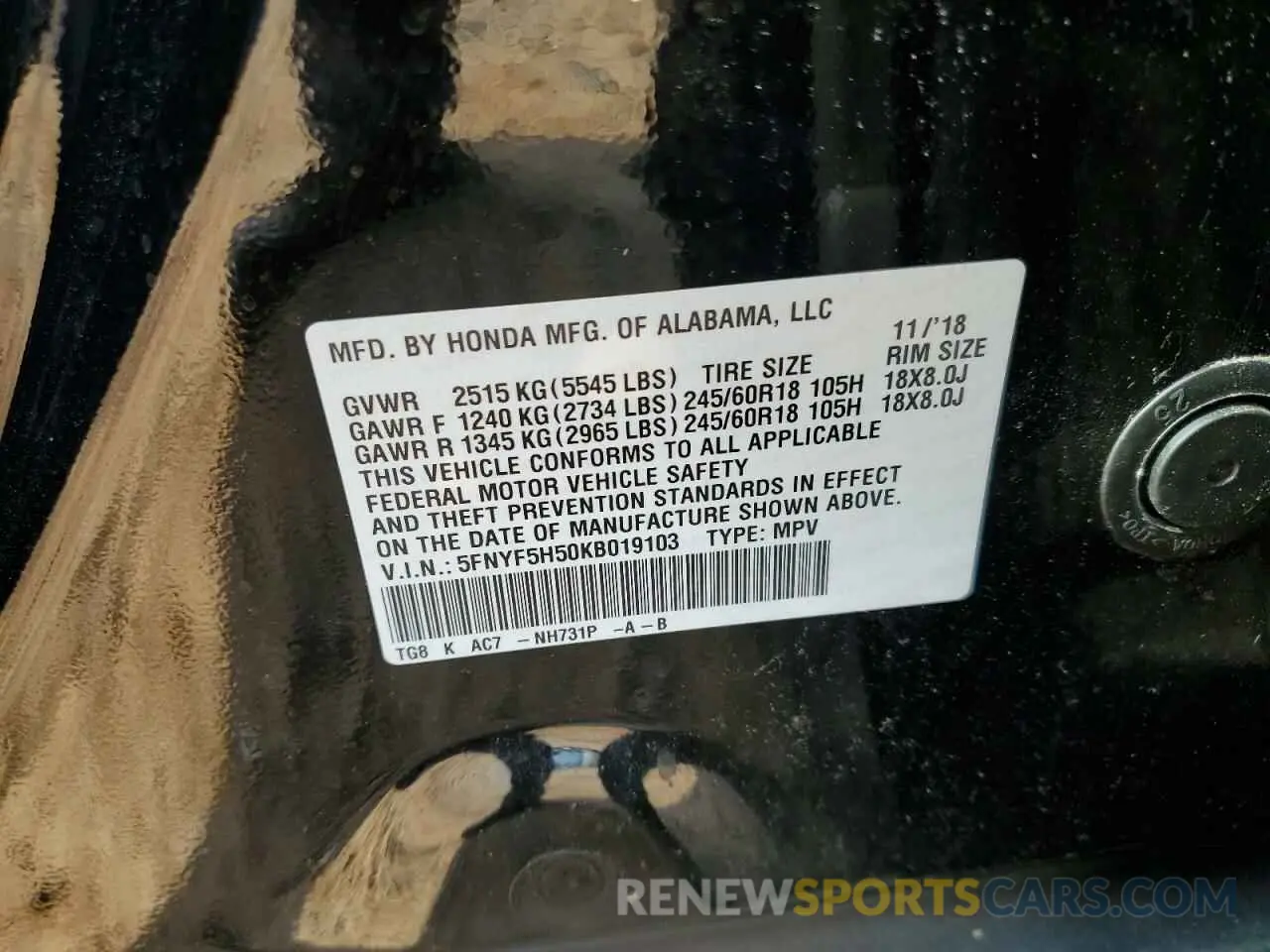 13 Photograph of a damaged car 5FNYF5H50KB019103 HONDA PILOT 2019
