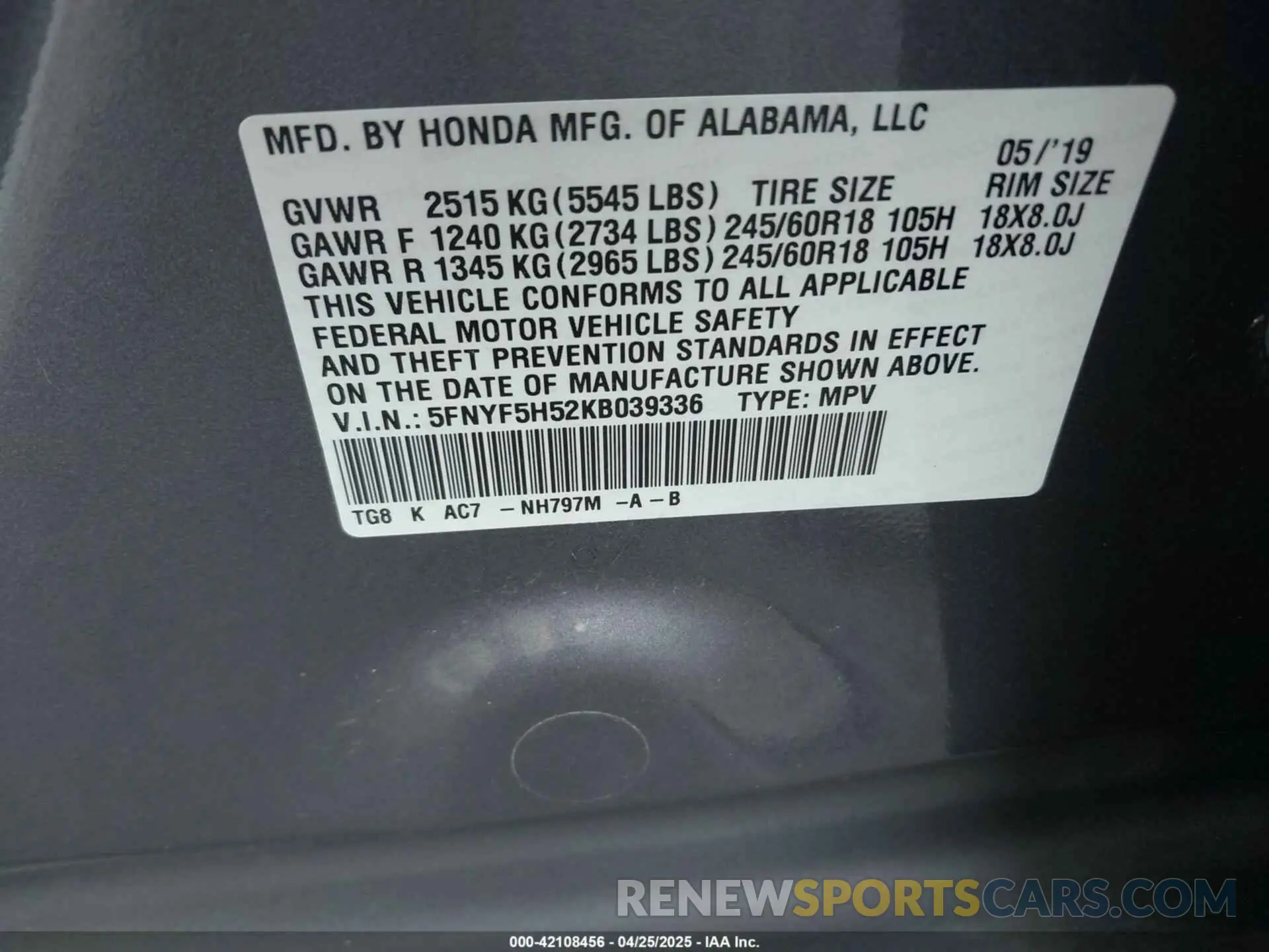 9 Photograph of a damaged car 5FNYF5H52KB039336 HONDA PILOT 2019