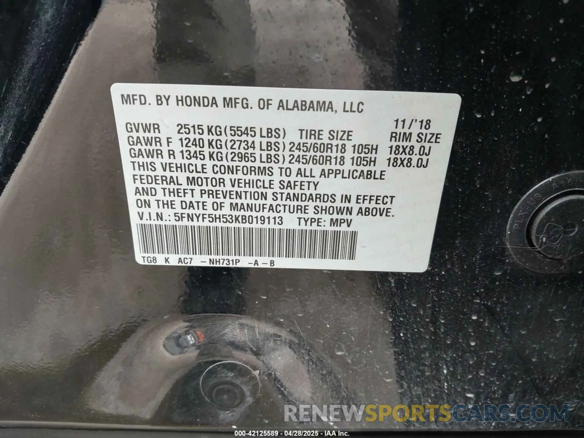 9 Photograph of a damaged car 5FNYF5H53KB019113 HONDA PILOT 2019