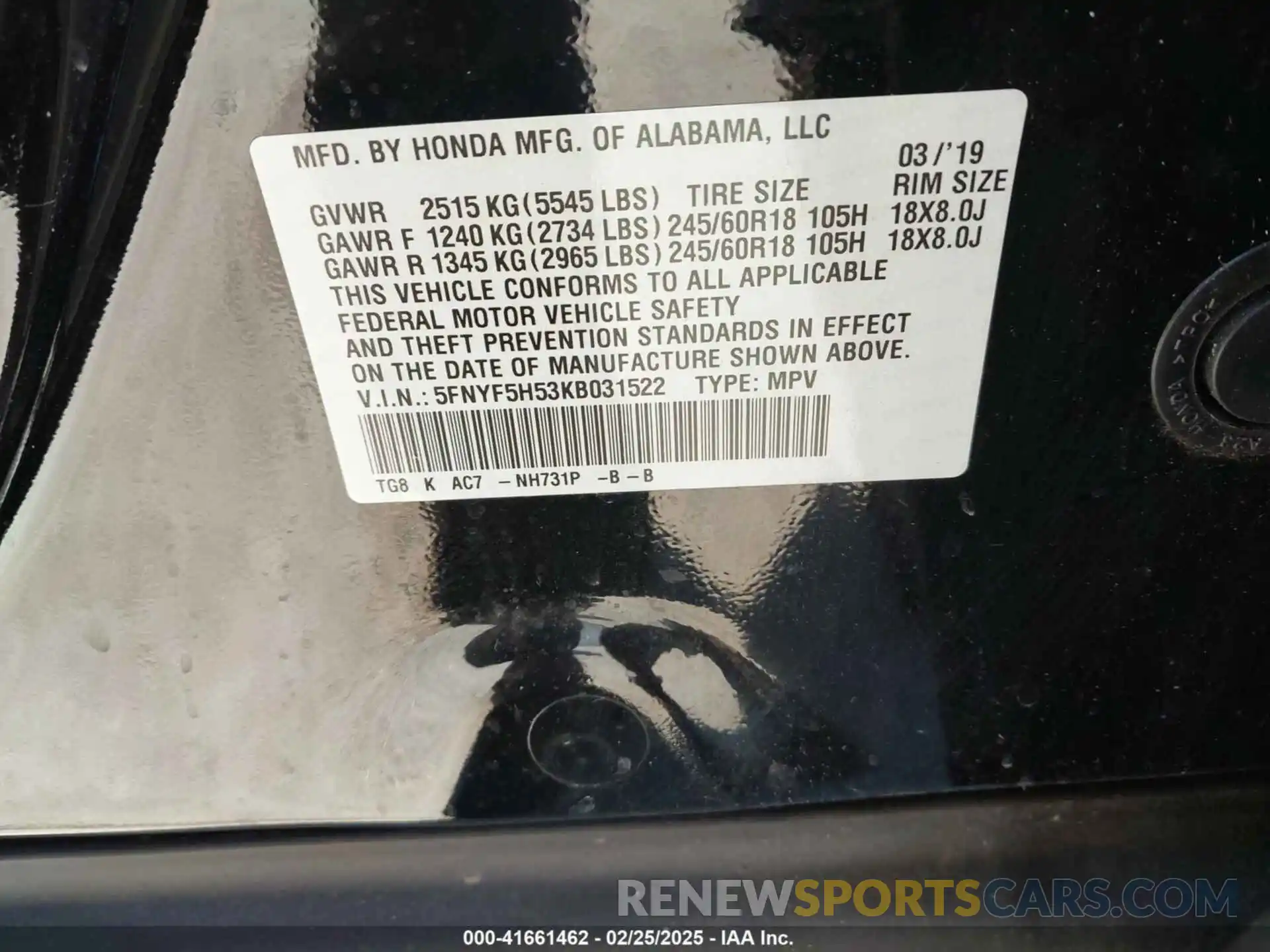 9 Photograph of a damaged car 5FNYF5H53KB031522 HONDA PILOT 2019