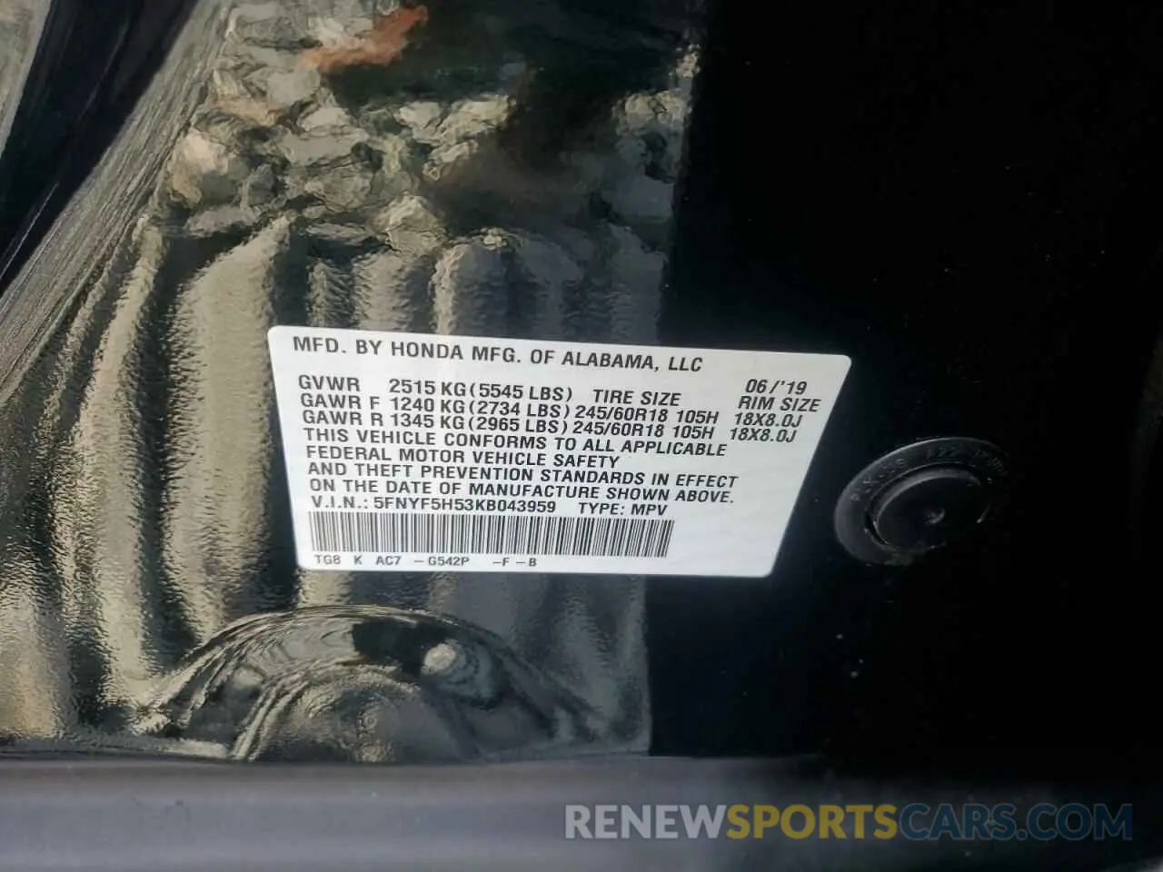 13 Photograph of a damaged car 5FNYF5H53KB043959 HONDA PILOT 2019