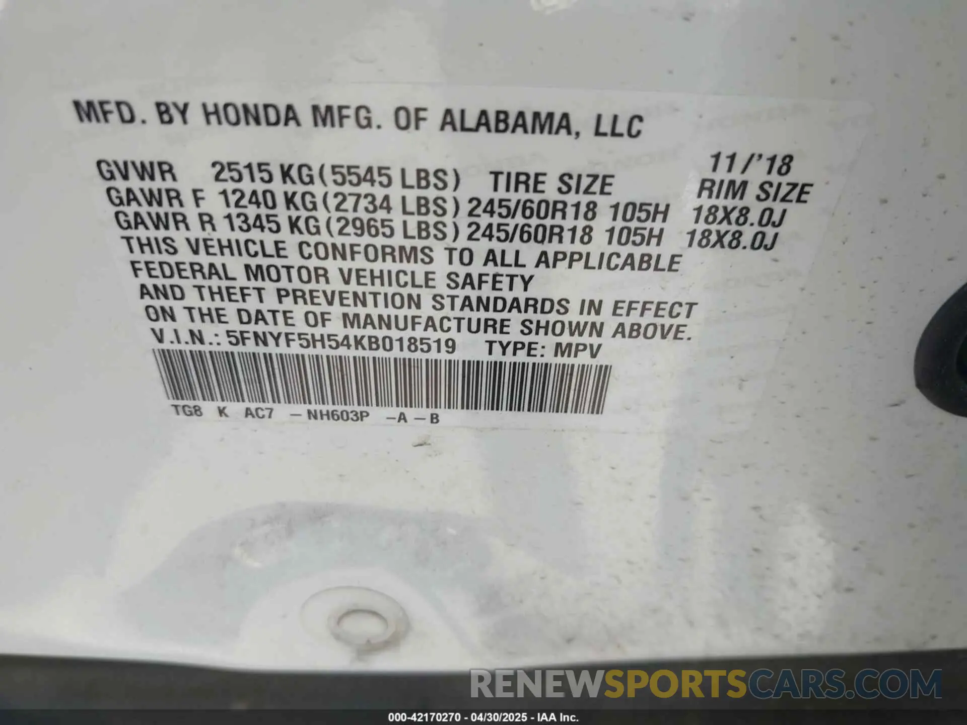 9 Photograph of a damaged car 5FNYF5H54KB018519 HONDA PILOT 2019