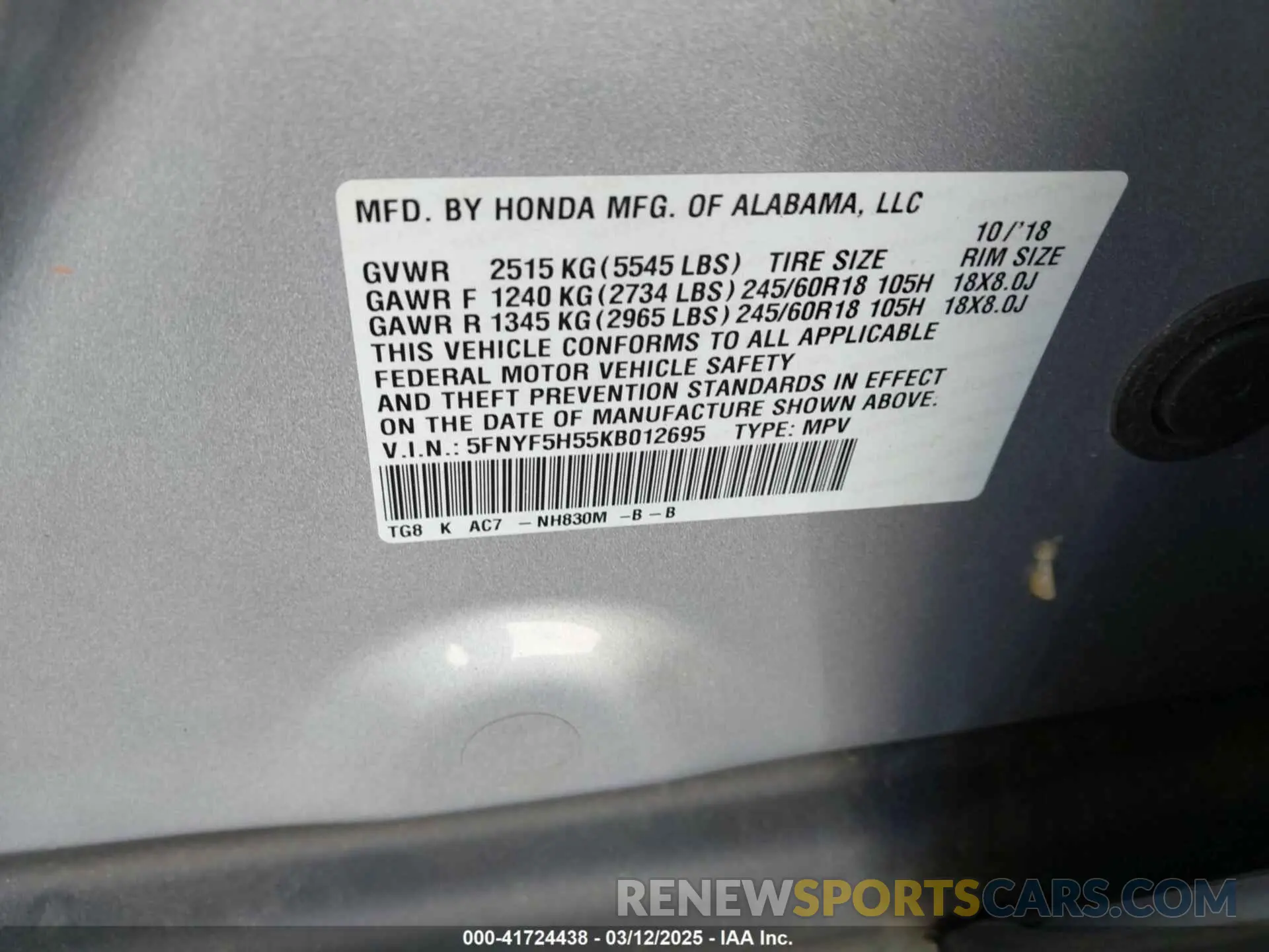 9 Photograph of a damaged car 5FNYF5H55KB012695 HONDA PILOT 2019