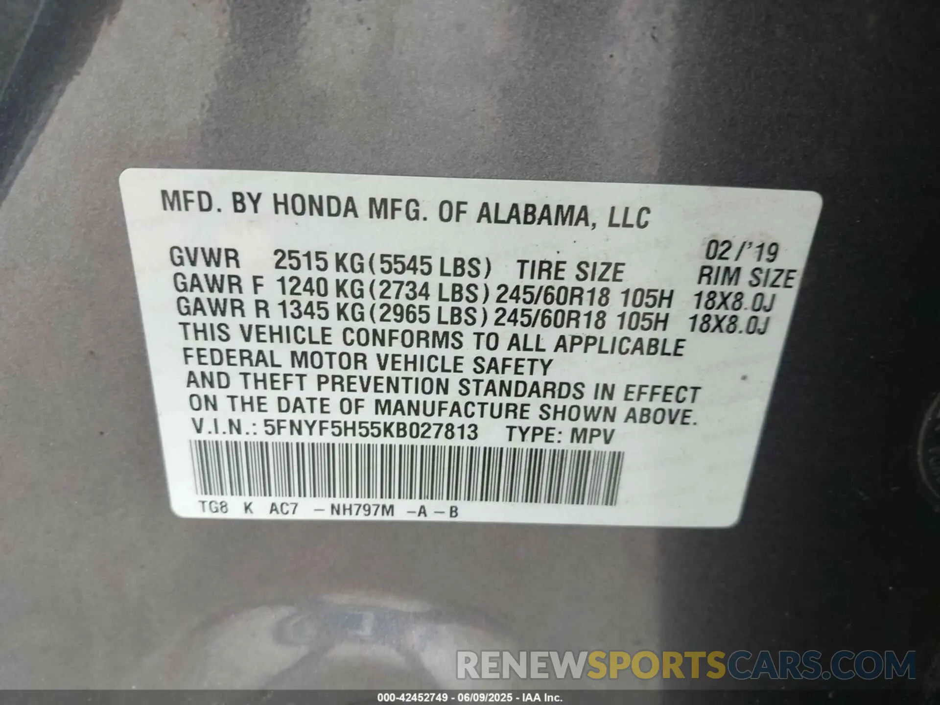 9 Photograph of a damaged car 5FNYF5H55KB027813 HONDA PILOT 2019