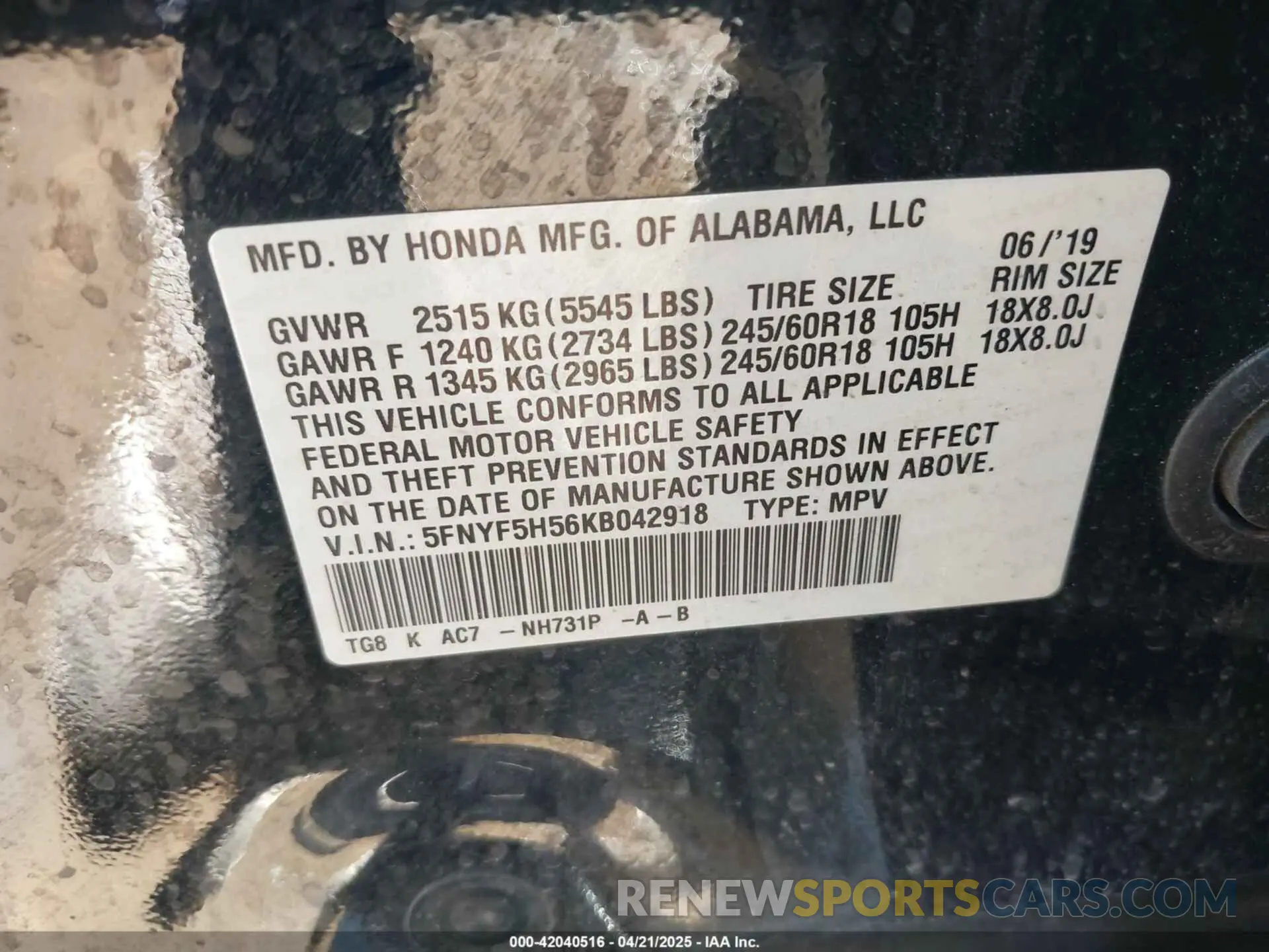 9 Photograph of a damaged car 5FNYF5H56KB042918 HONDA PILOT 2019