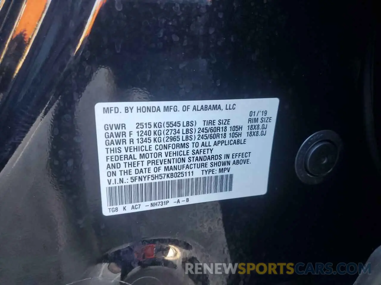 15 Photograph of a damaged car 5FNYF5H57KB025111 HONDA PILOT 2019