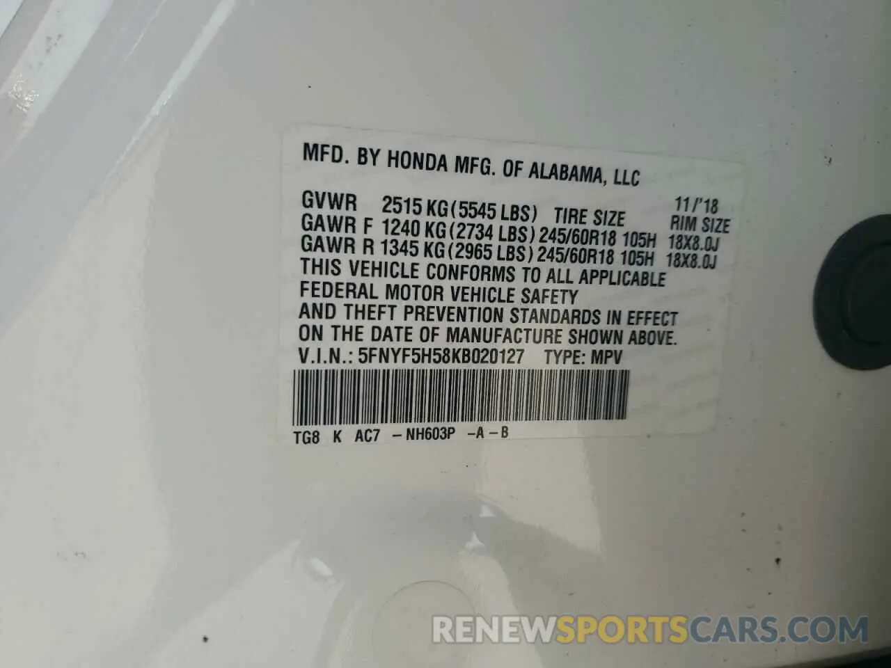 13 Photograph of a damaged car 5FNYF5H58KB020127 HONDA PILOT 2019