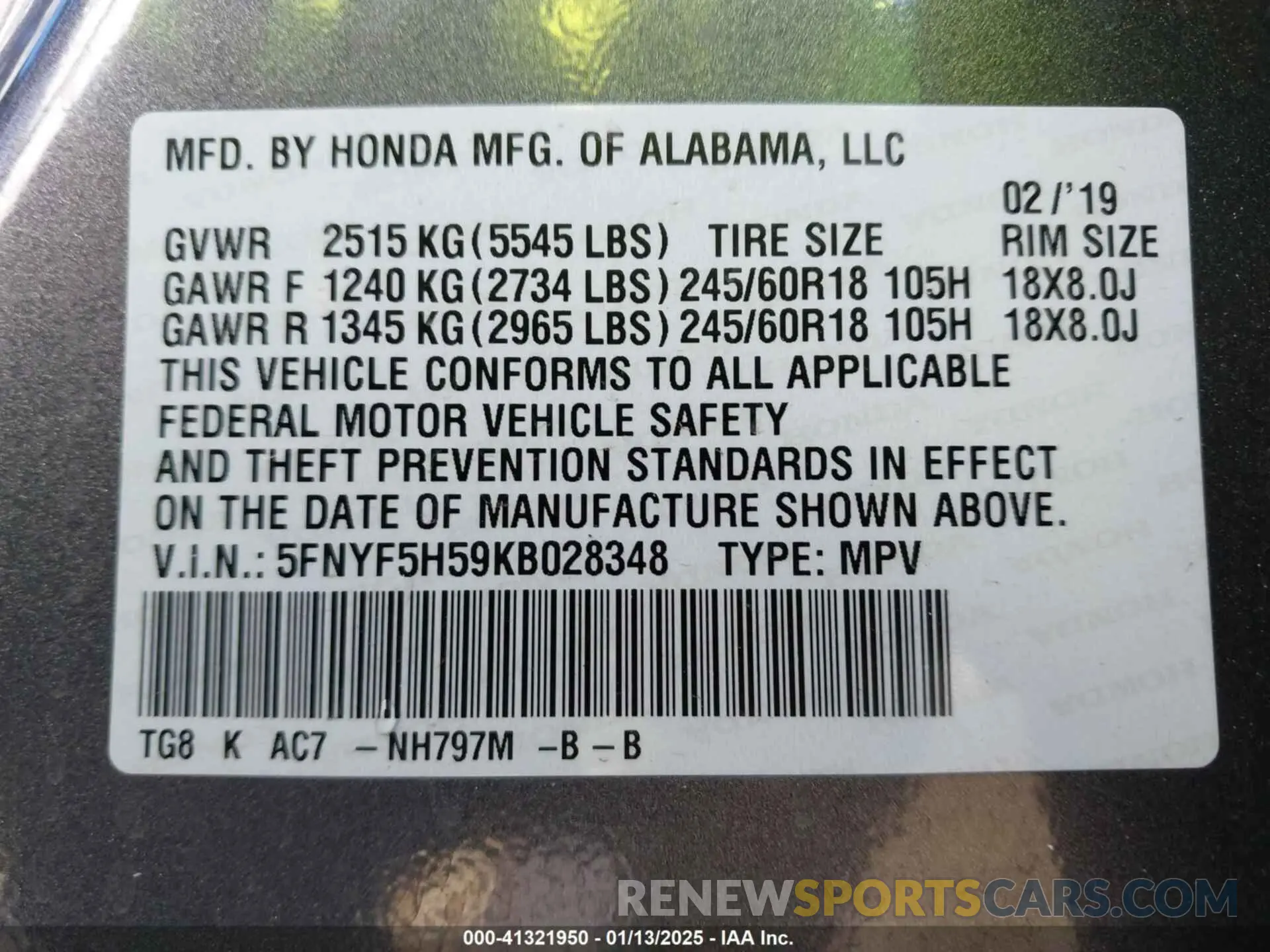 9 Photograph of a damaged car 5FNYF5H59KB028348 HONDA PILOT 2019