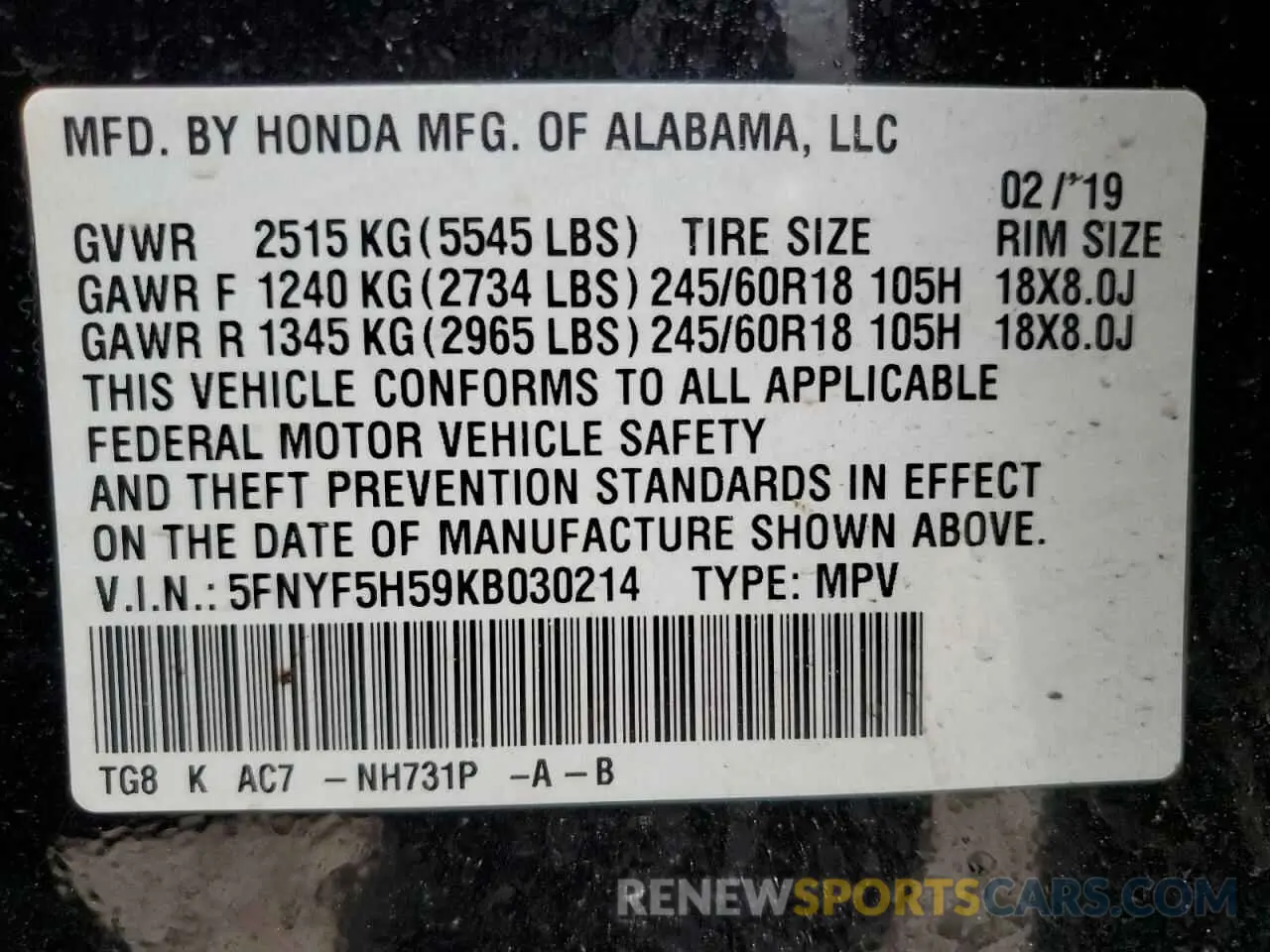 16 Photograph of a damaged car 5FNYF5H59KB030214 HONDA PILOT 2019