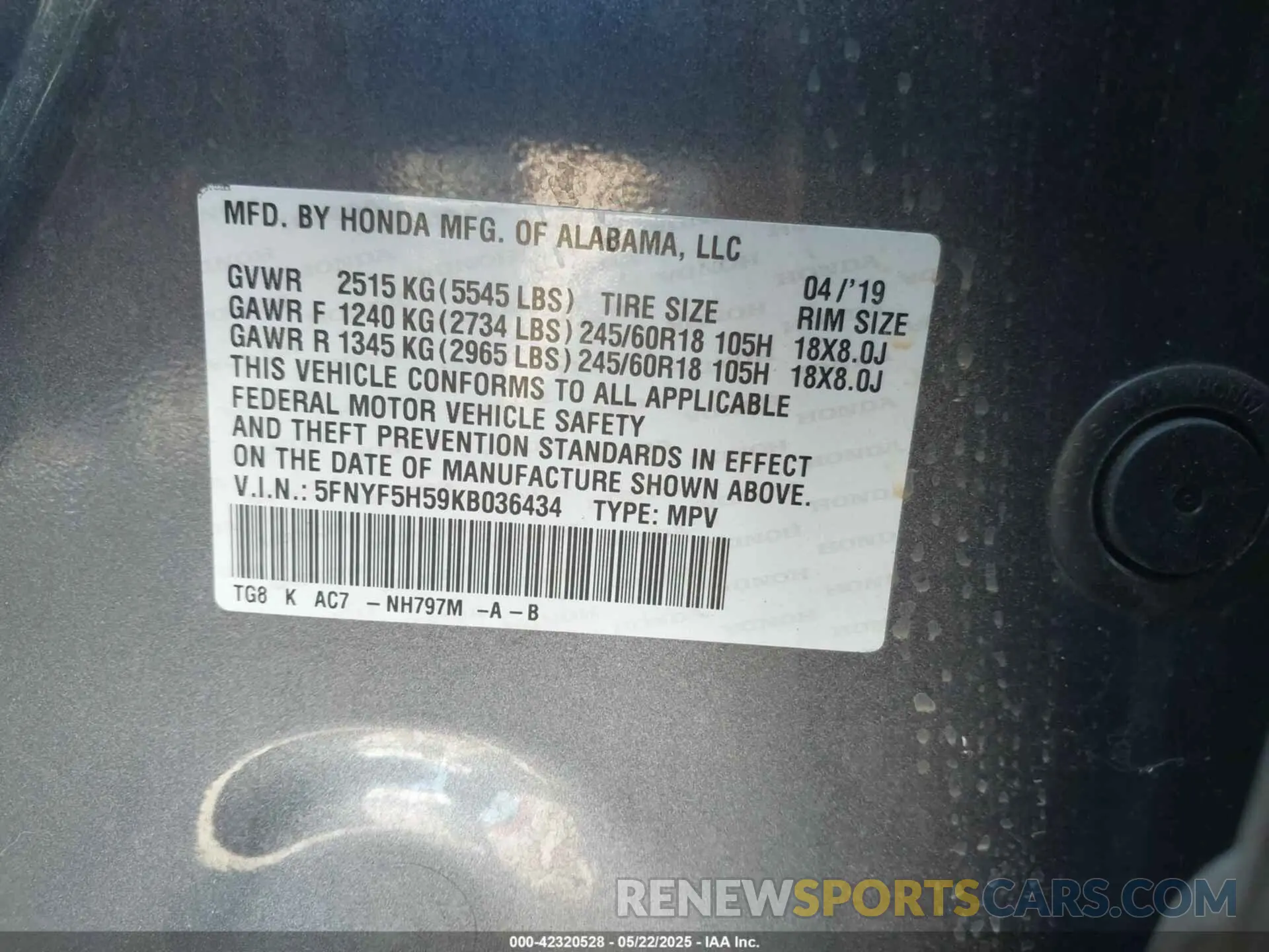 9 Photograph of a damaged car 5FNYF5H59KB036434 HONDA PILOT 2019
