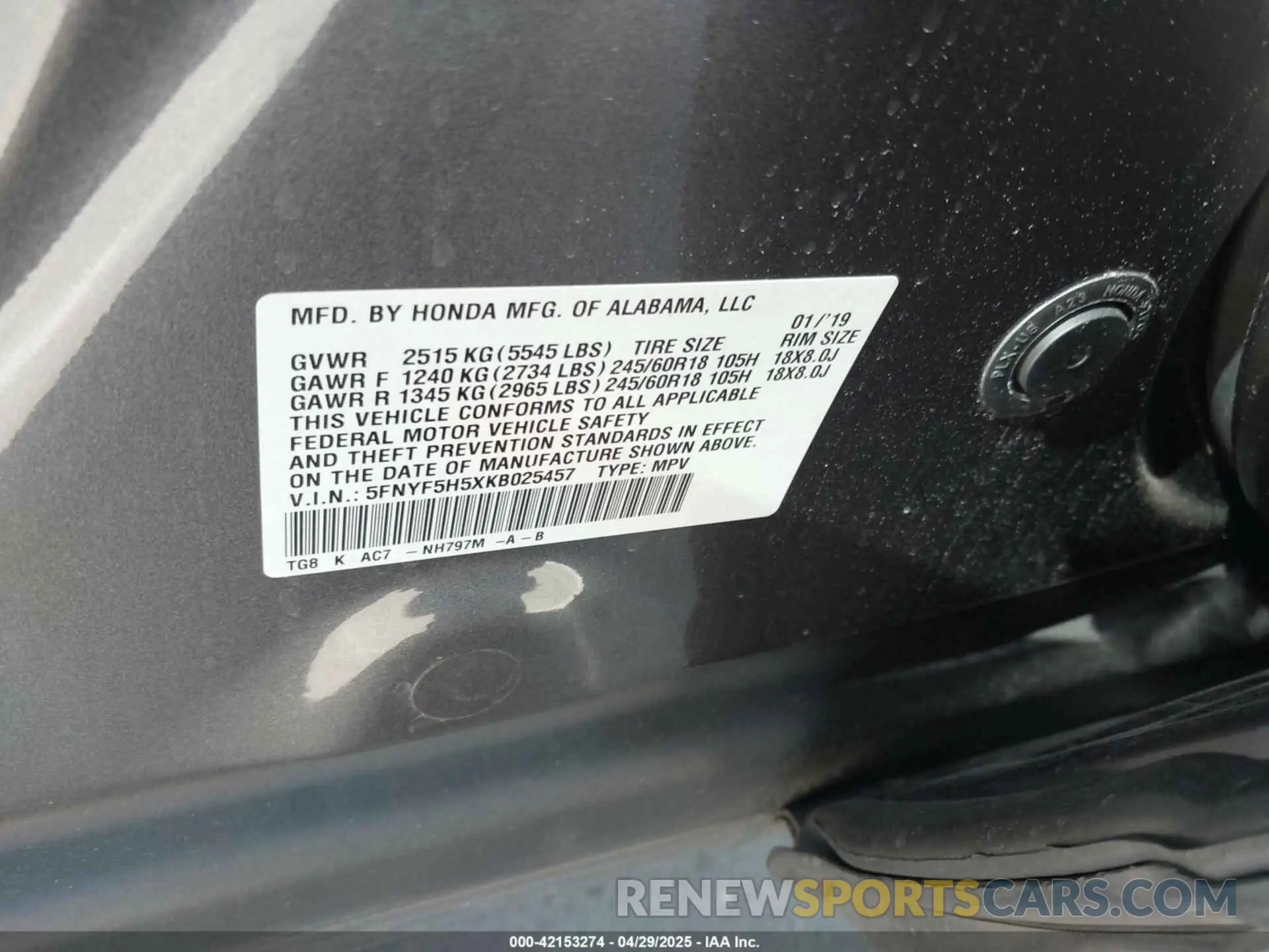 9 Photograph of a damaged car 5FNYF5H5XKB025457 HONDA PILOT 2019