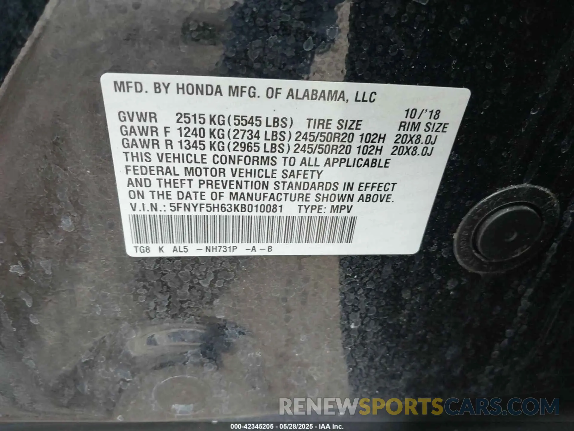 9 Photograph of a damaged car 5FNYF5H63KB010081 HONDA PILOT 2019
