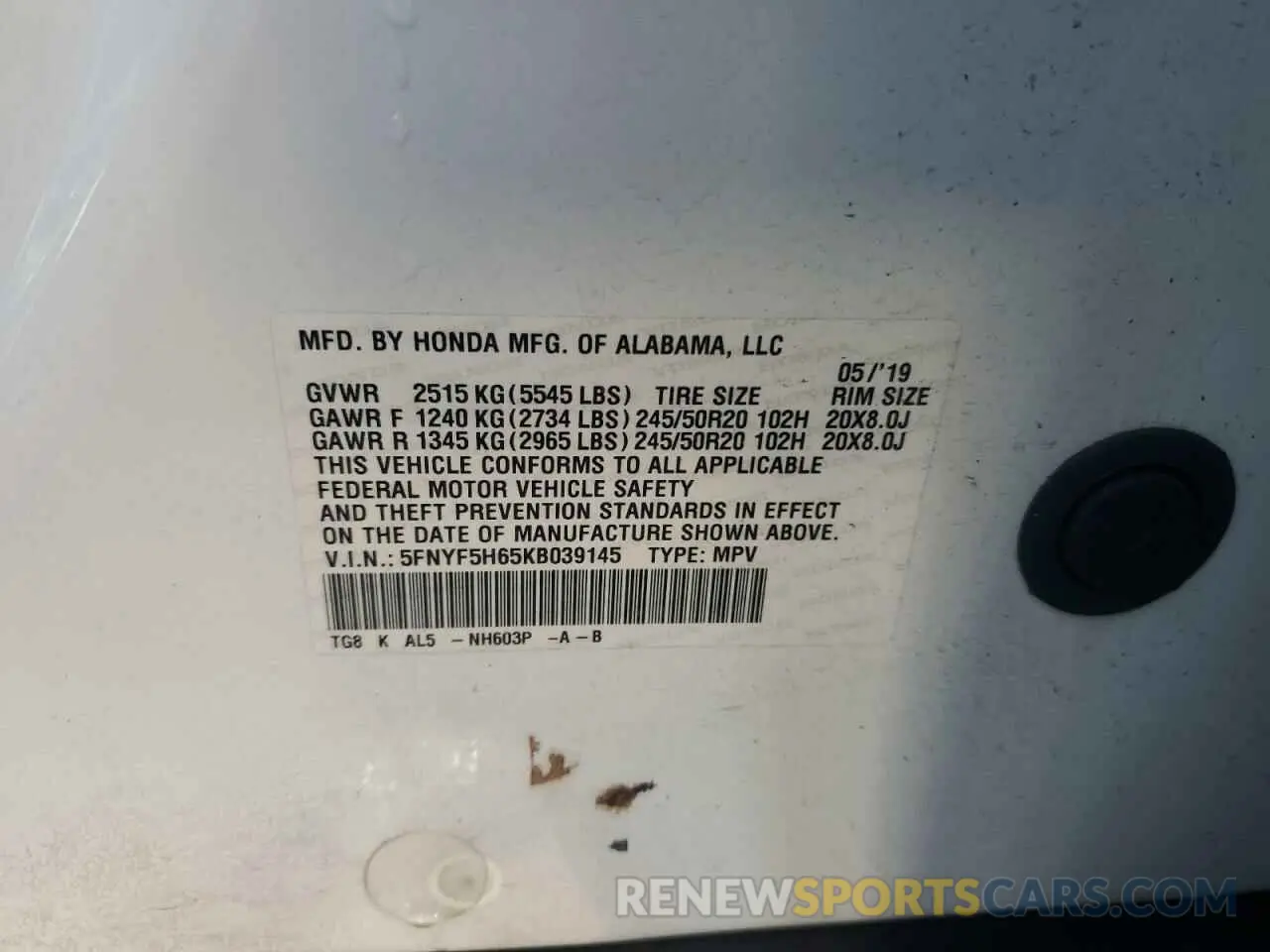 13 Photograph of a damaged car 5FNYF5H65KB039145 HONDA PILOT 2019