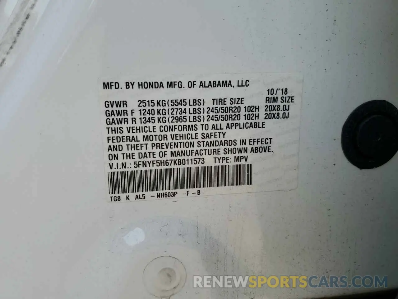 13 Photograph of a damaged car 5FNYF5H67KB011573 HONDA PILOT 2019