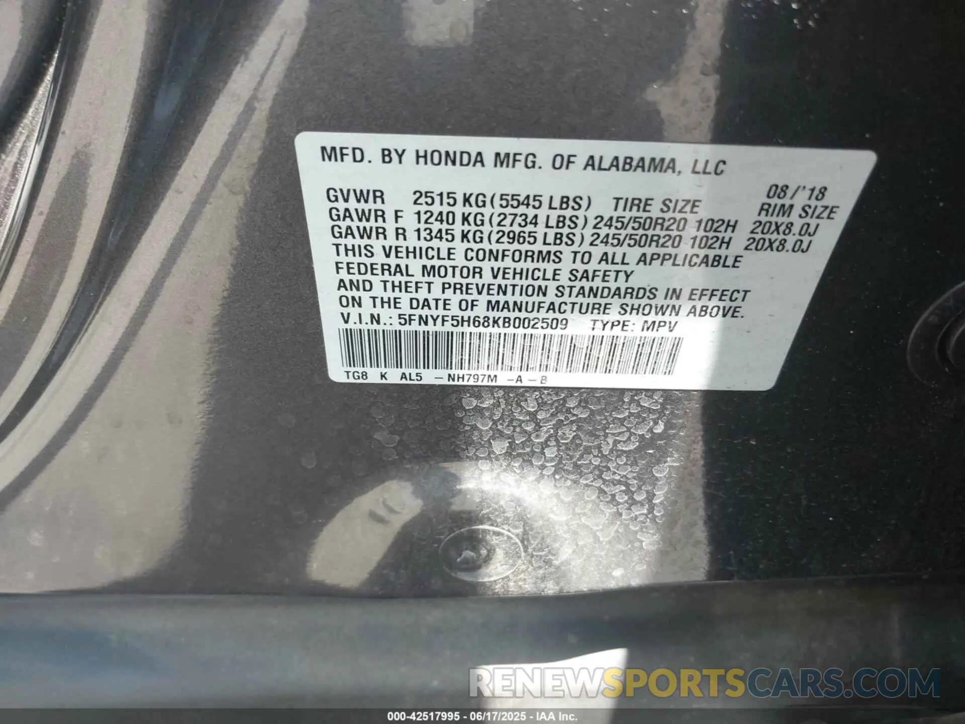 9 Photograph of a damaged car 5FNYF5H68KB002509 HONDA PILOT 2019