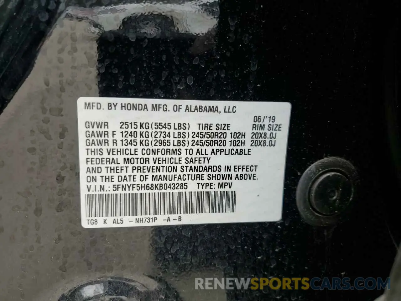 14 Photograph of a damaged car 5FNYF5H68KB043285 HONDA PILOT 2019