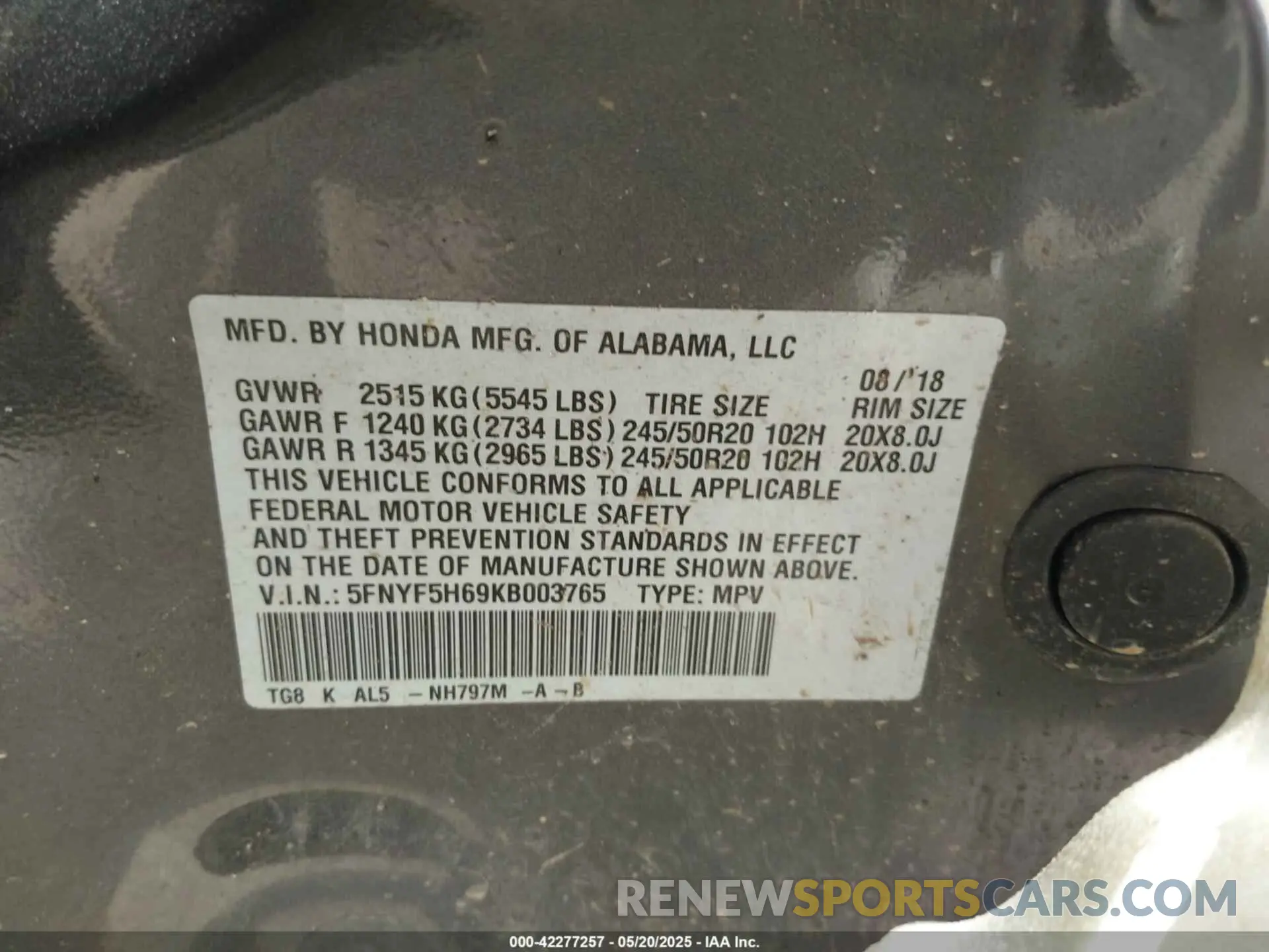 9 Photograph of a damaged car 5FNYF5H69KB003765 HONDA PILOT 2019