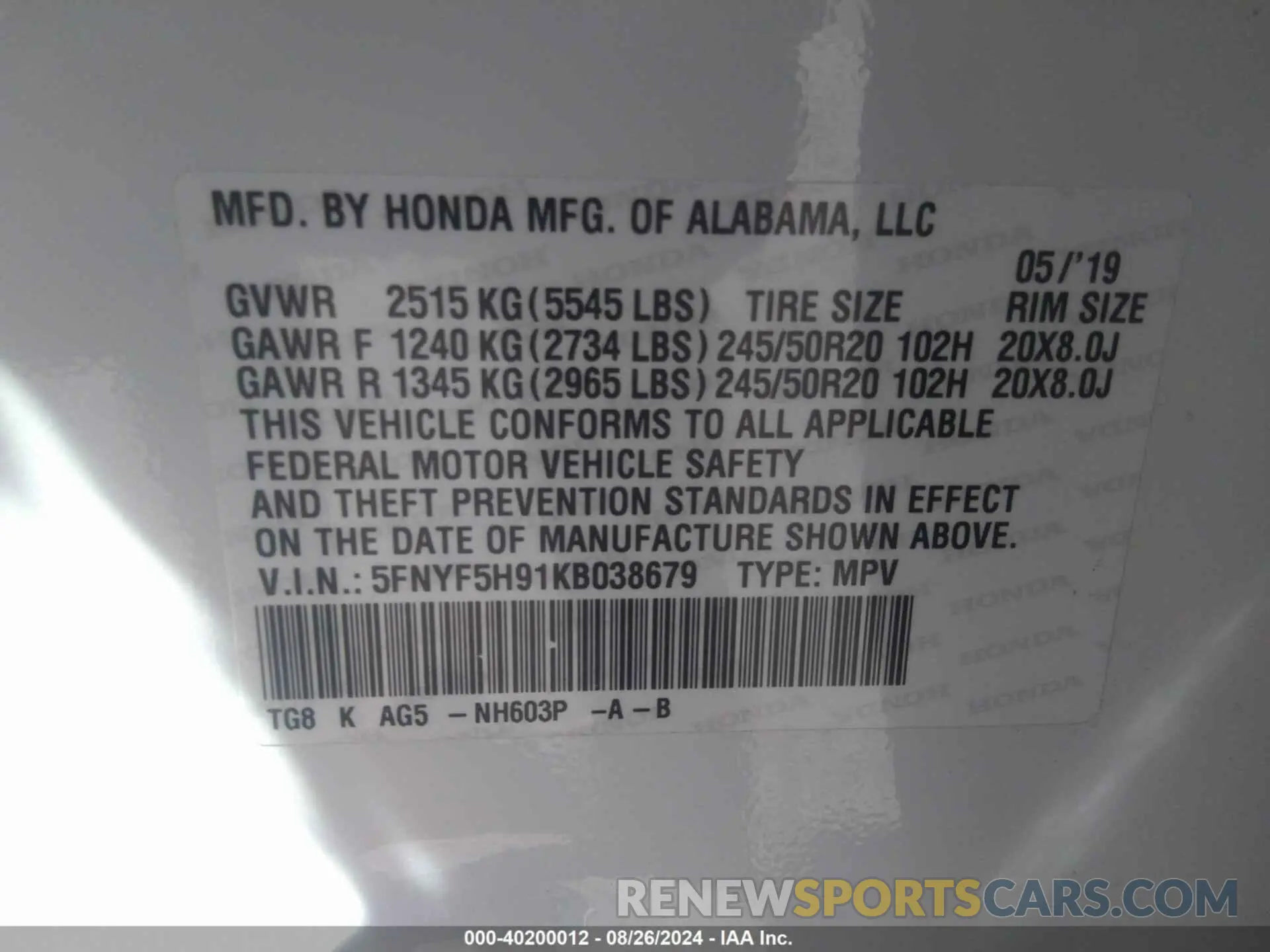 9 Photograph of a damaged car 5FNYF5H91KB038679 HONDA PILOT 2019