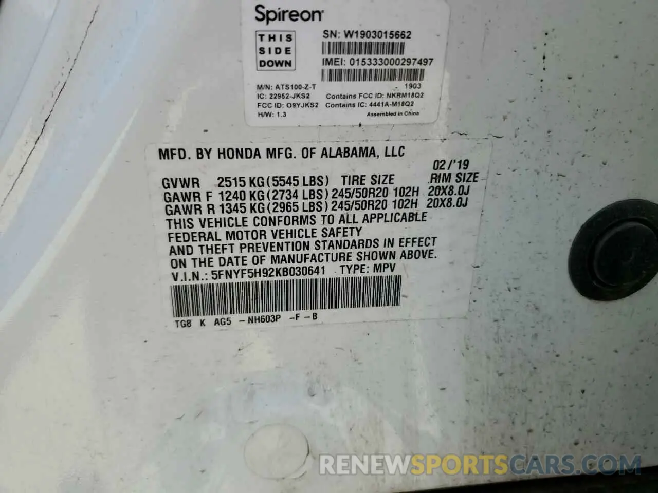 14 Photograph of a damaged car 5FNYF5H92KB030641 HONDA PILOT 2019