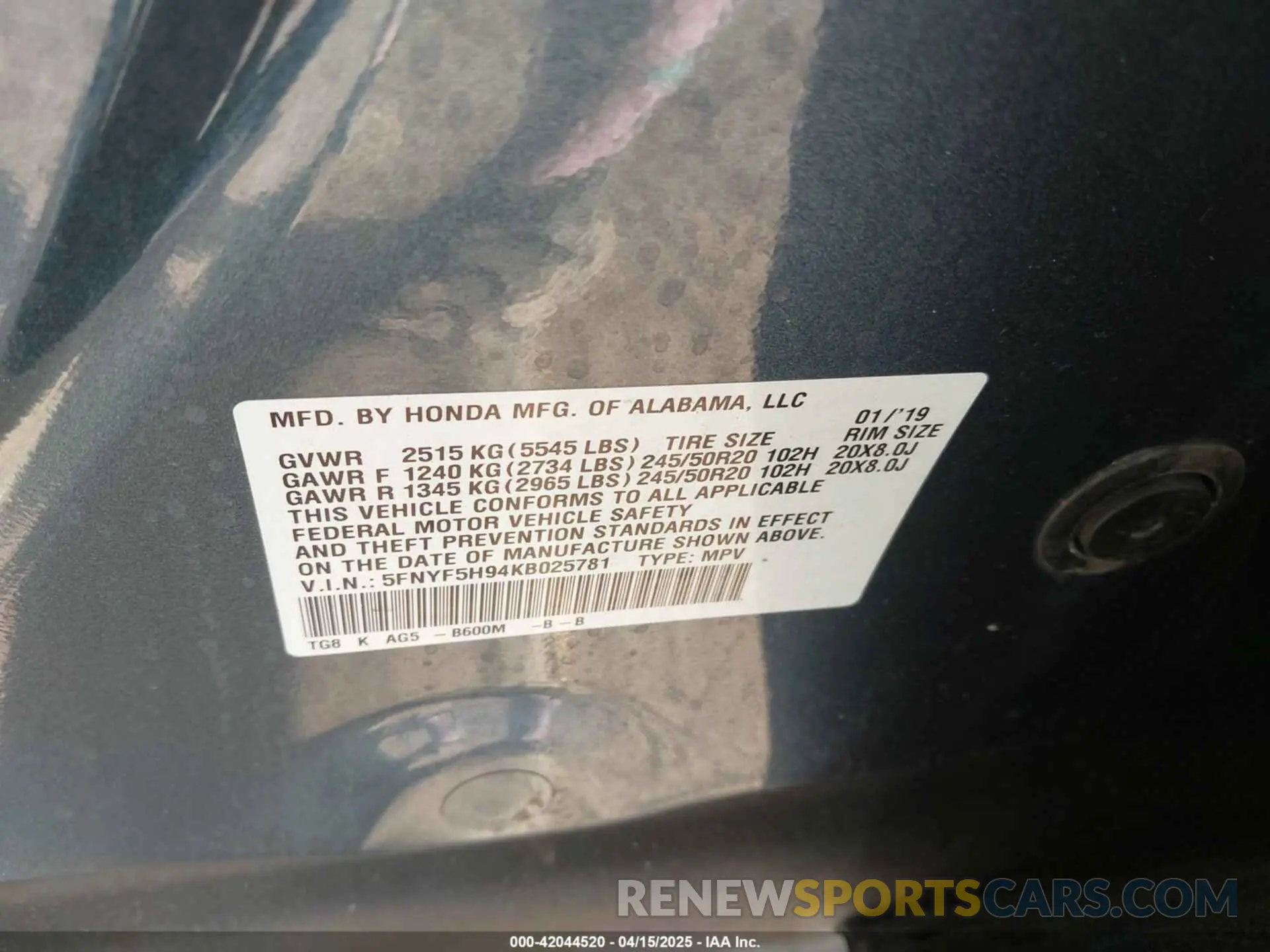 9 Photograph of a damaged car 5FNYF5H94KB025781 HONDA PILOT 2019