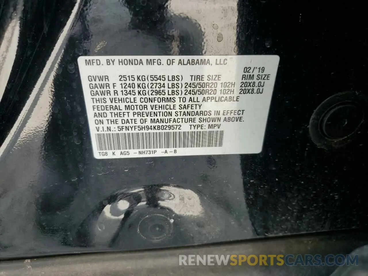 13 Photograph of a damaged car 5FNYF5H94KB029572 HONDA PILOT 2019