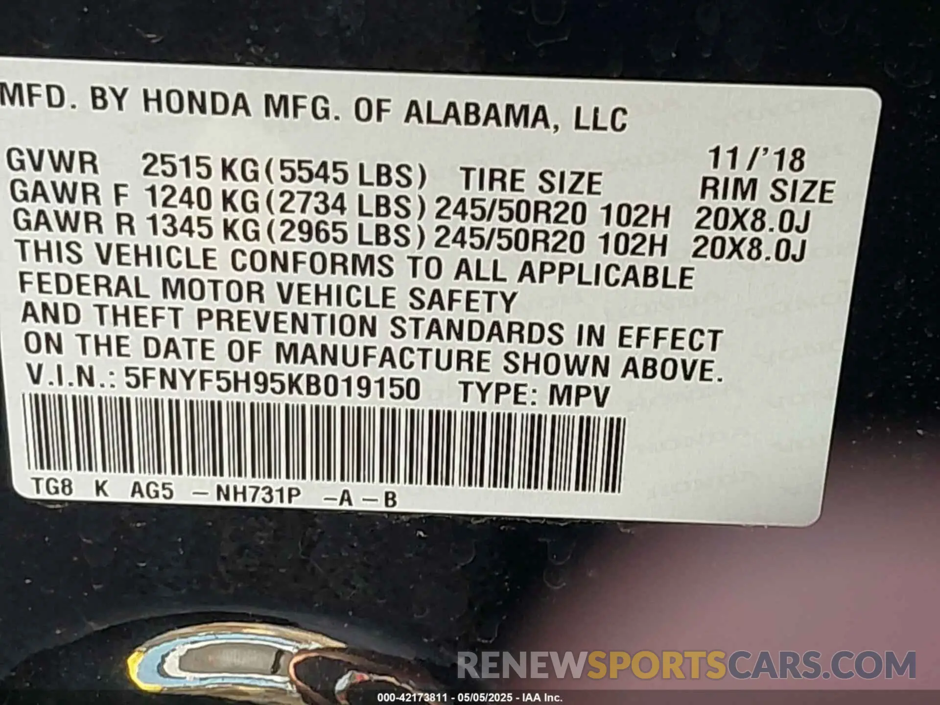 9 Photograph of a damaged car 5FNYF5H95KB019150 HONDA PILOT 2019