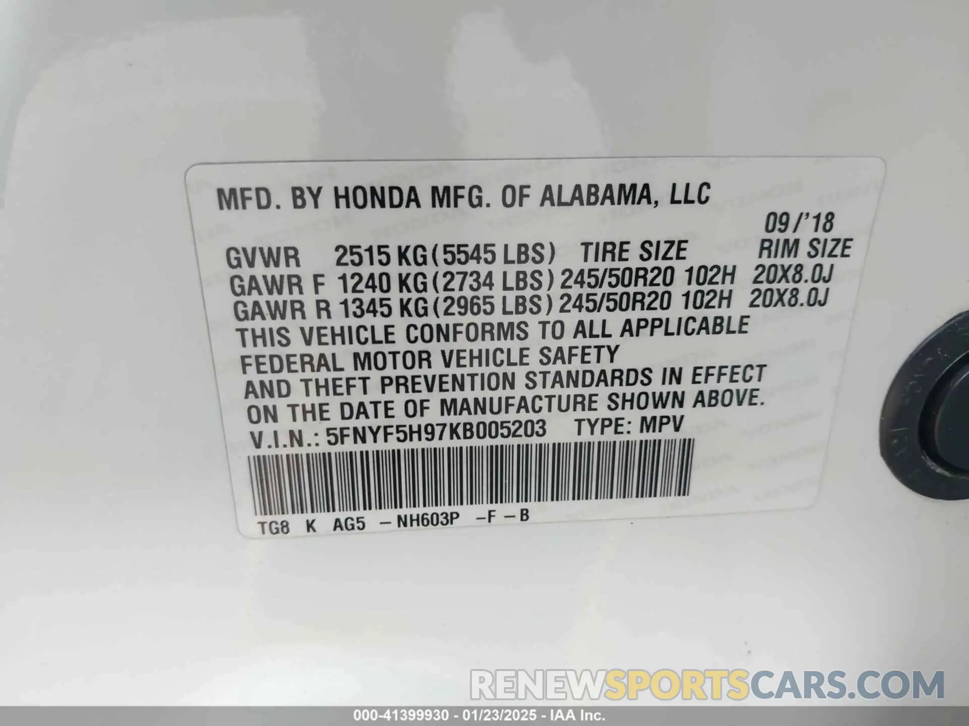 9 Photograph of a damaged car 5FNYF5H97KB005203 HONDA PILOT 2019