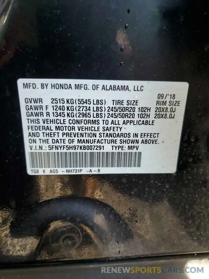 13 Photograph of a damaged car 5FNYF5H97KB007291 HONDA PILOT 2019