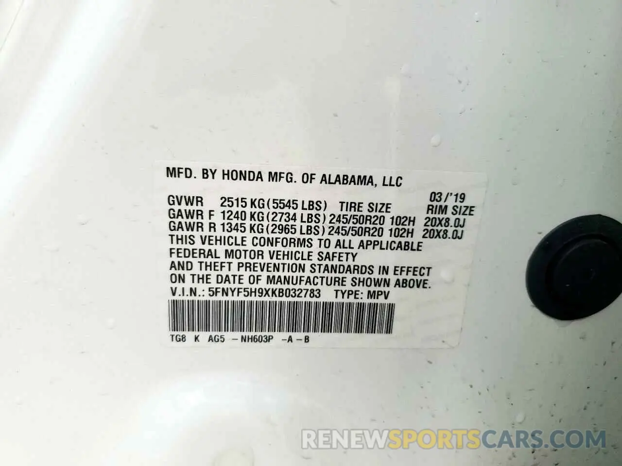 14 Photograph of a damaged car 5FNYF5H9XKB032783 HONDA PILOT 2019